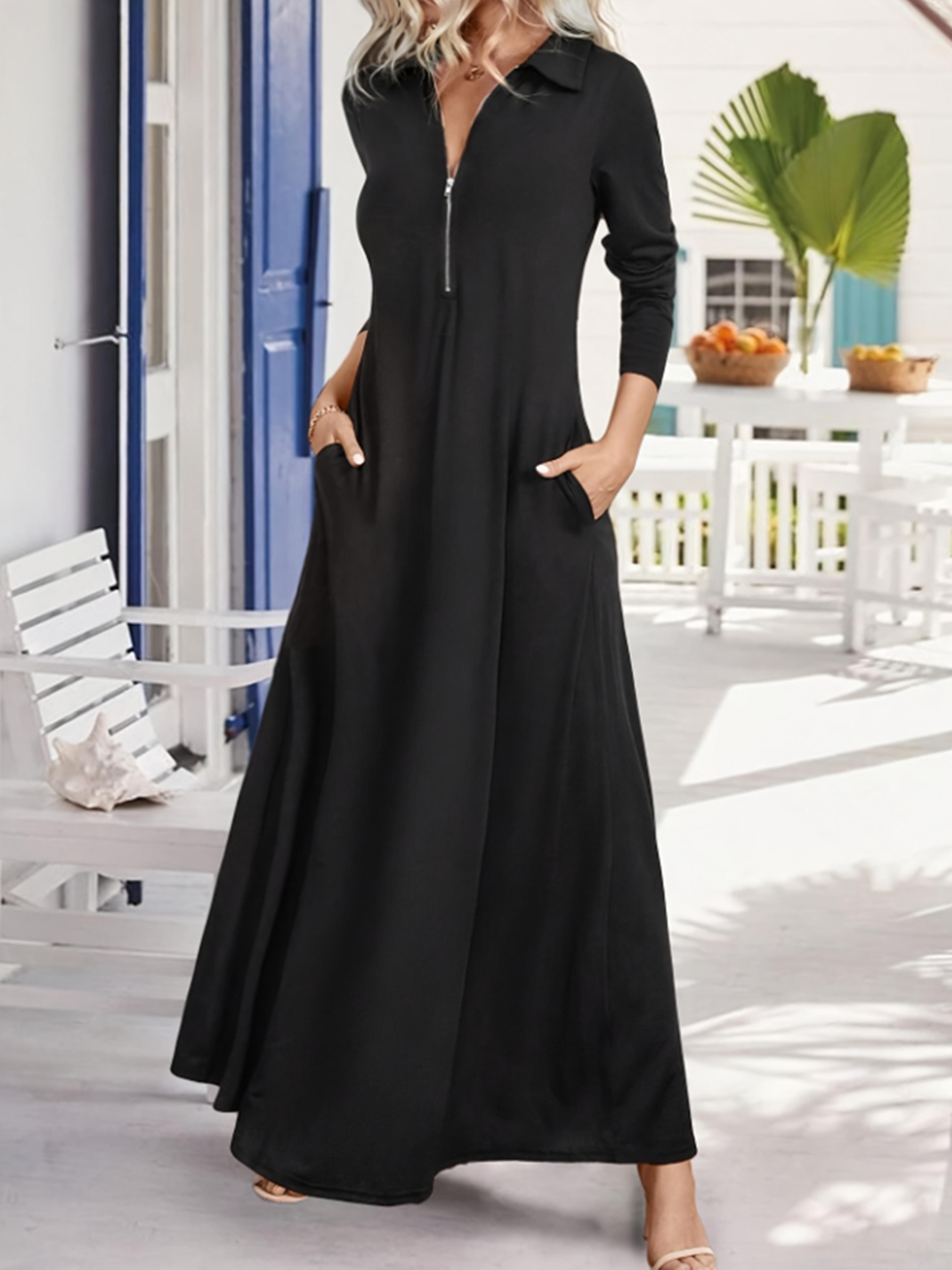 Womens Elegant Solid Maxi Dress With Pockets Simple Long Skirt Slim Long Sleeves Shirt Dress Spring 4