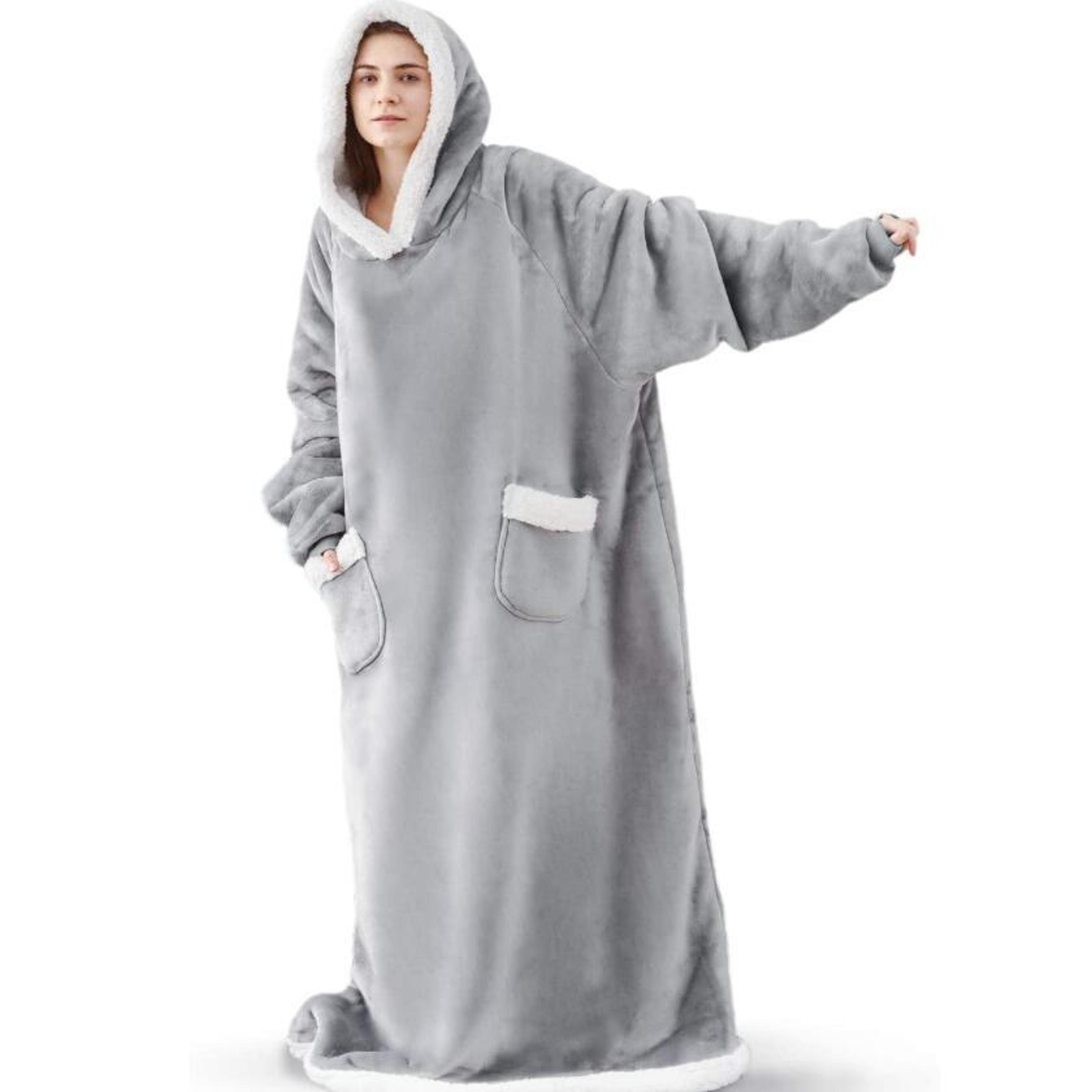 Oversized Super Long Flannel Blanket With Sleeves Winter Hoodie Sweatshirt Pullover For Women Men G 3