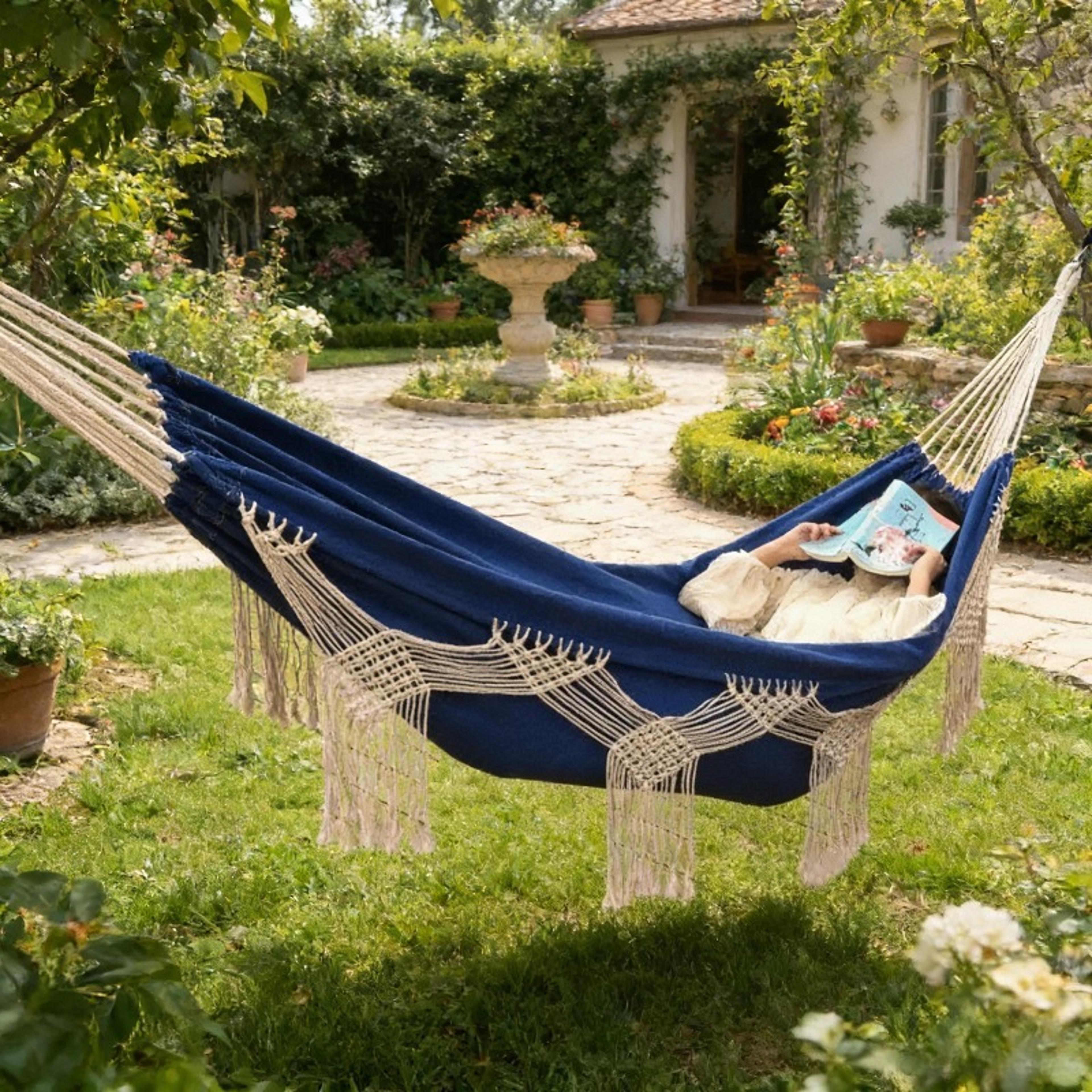 Boho Double Hammock With Macrame Tassels For Beach Camping And Backyard Relaxation 0