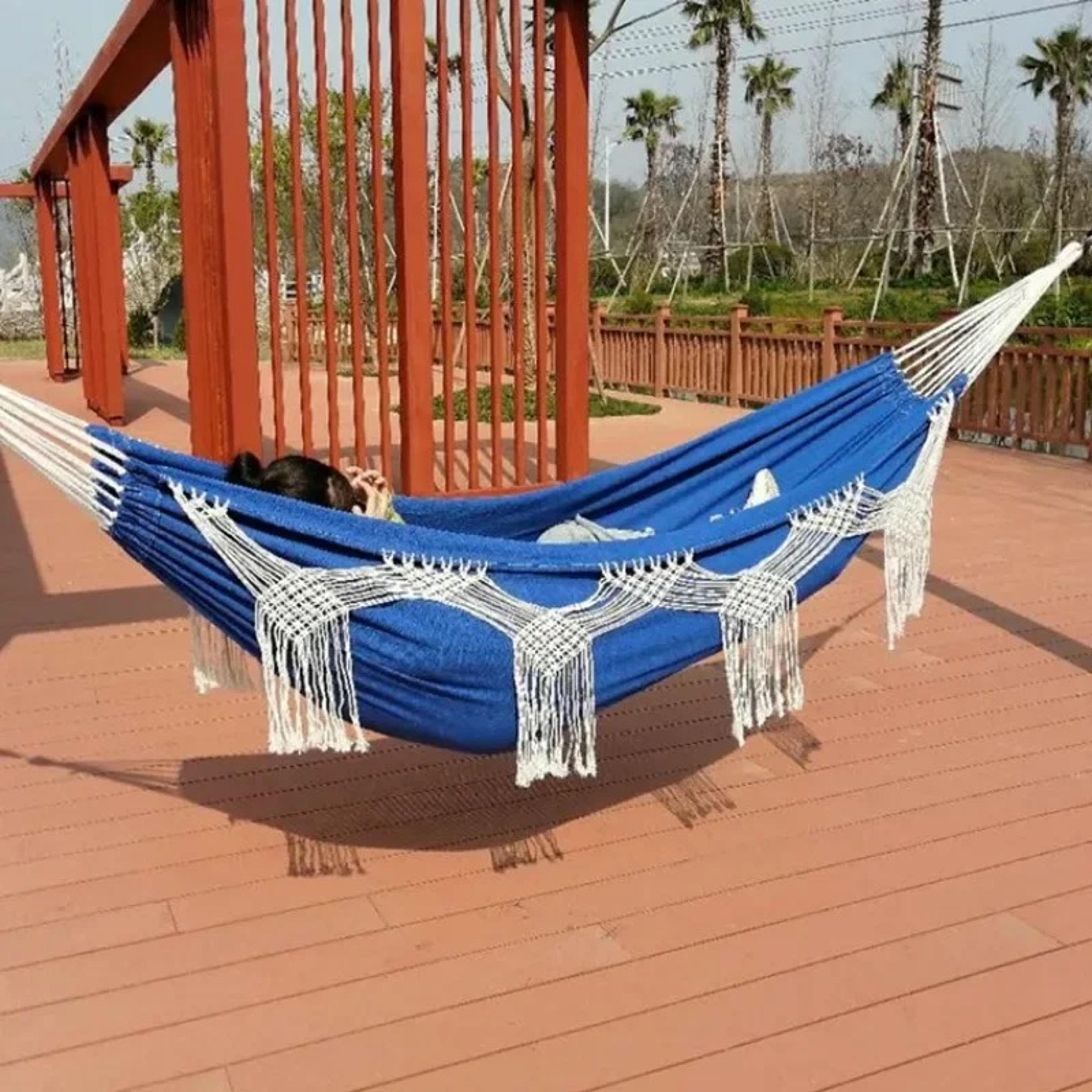 Boho Double Hammock With Macrame Tassels For Beach Camping And Backyard Relaxation 2