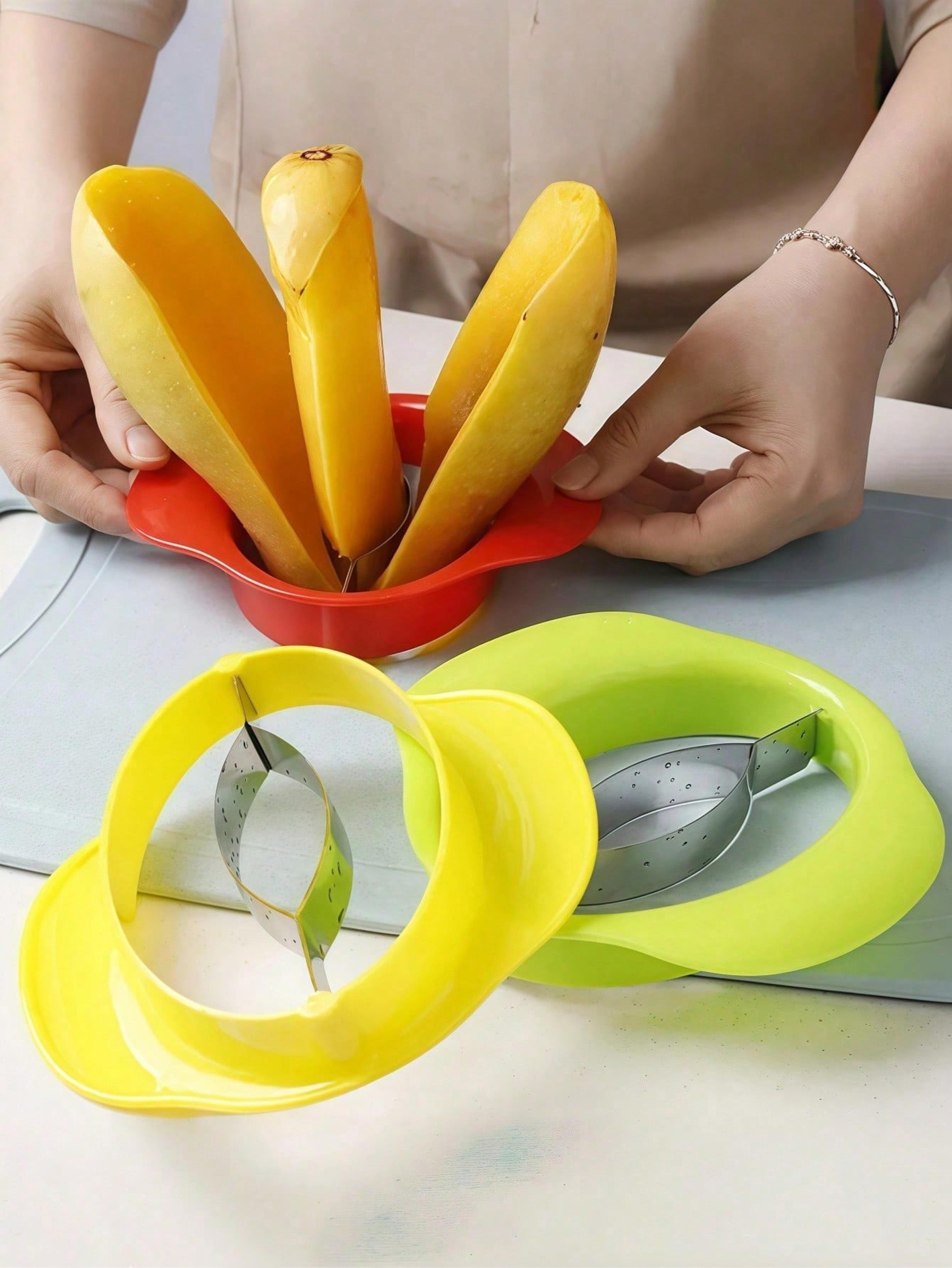 ergonomic mango slicer and mango peeler tool with stainless steel pit remover