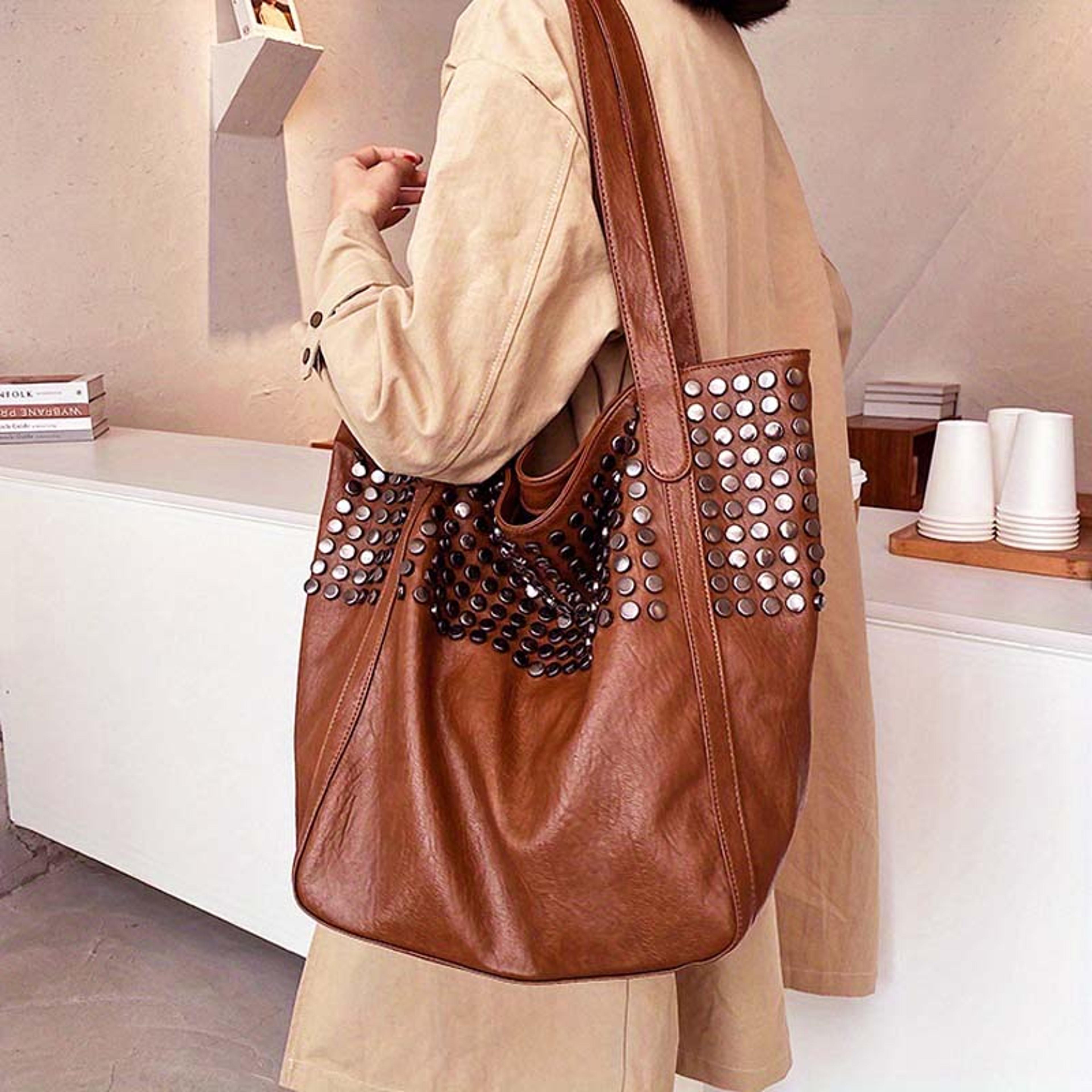 Rivet Accent Large Capacity Tote Bag For Women Stylish Shoulder Handbag Everyday Shopping Bag 3