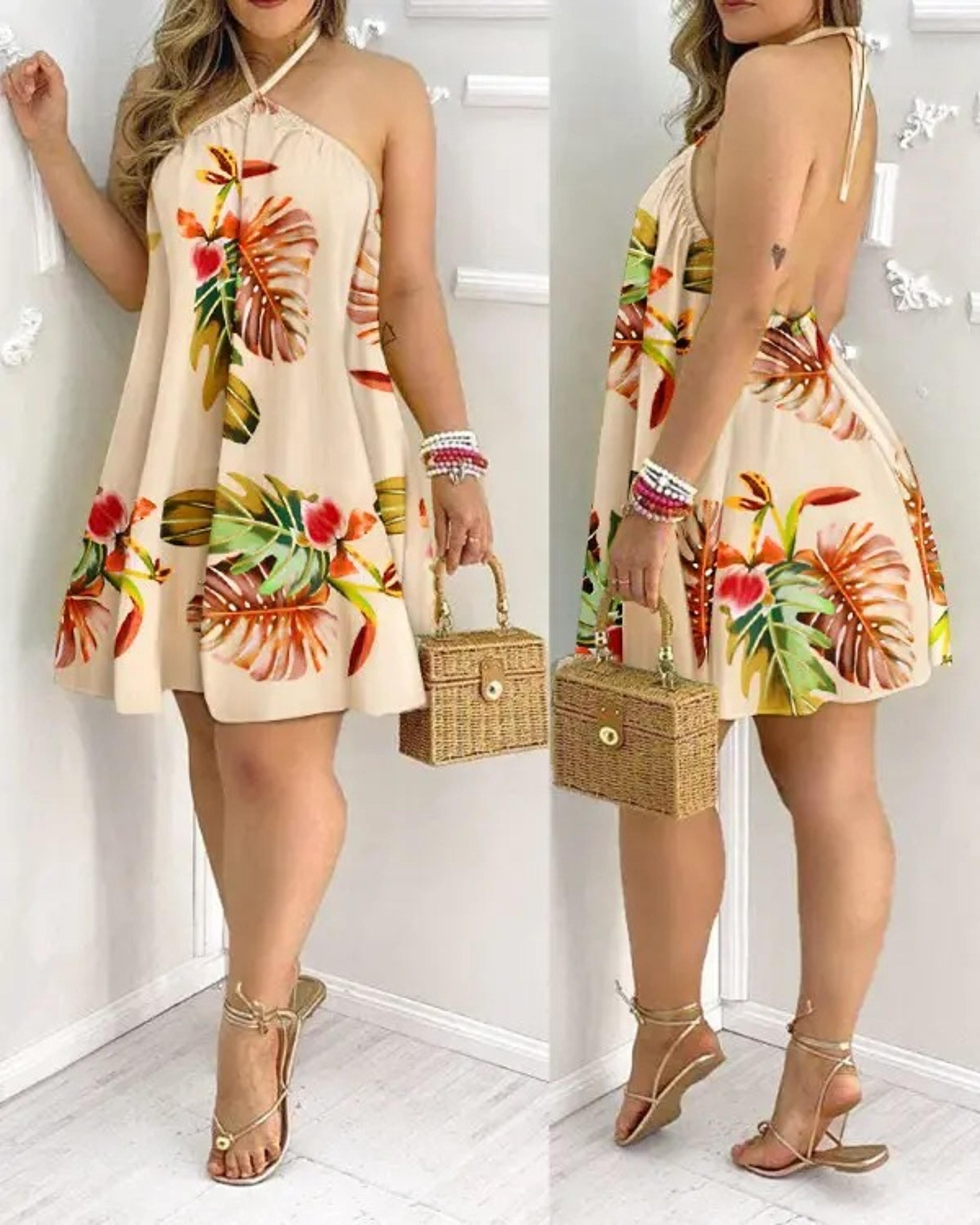 boho floral halter neck backless summer dress