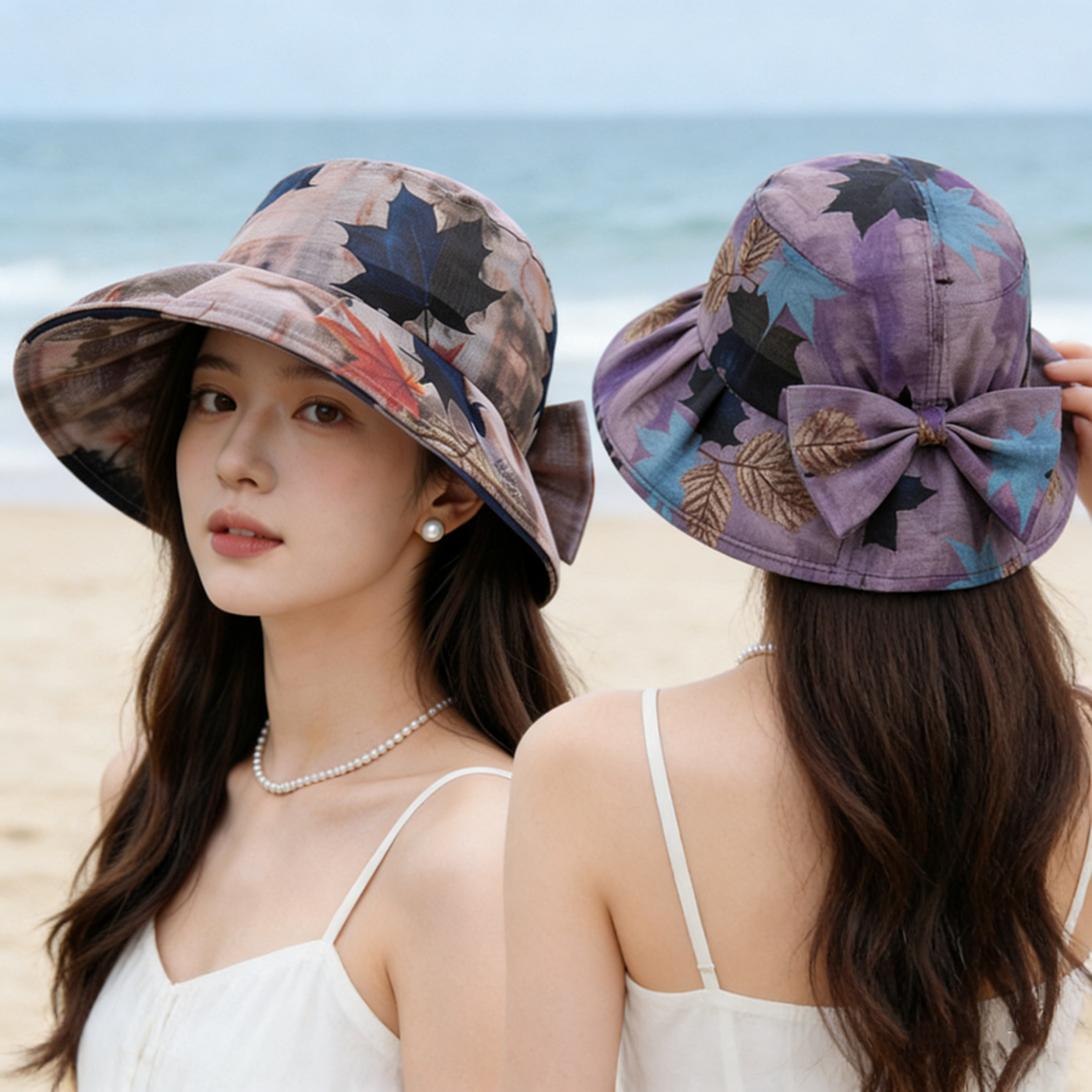 Retro Maple Leaf Foldable Wide Brim Sun Hat For Women  Men Stylish Beach  Travel Foldable Sun Hat 1