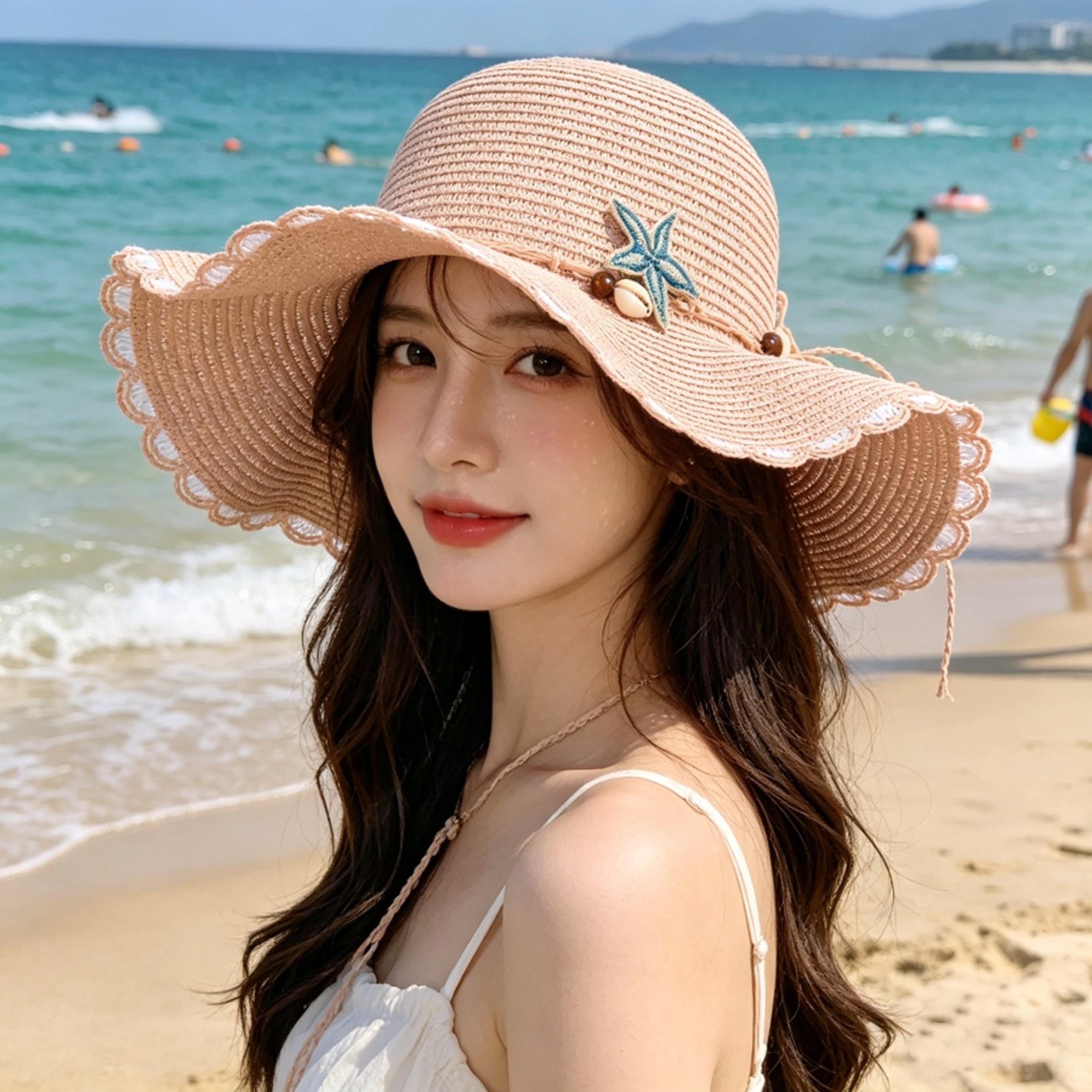Bohemian Shell Beaded Wide Brim Straw Hat For Beach Sun Protection 3