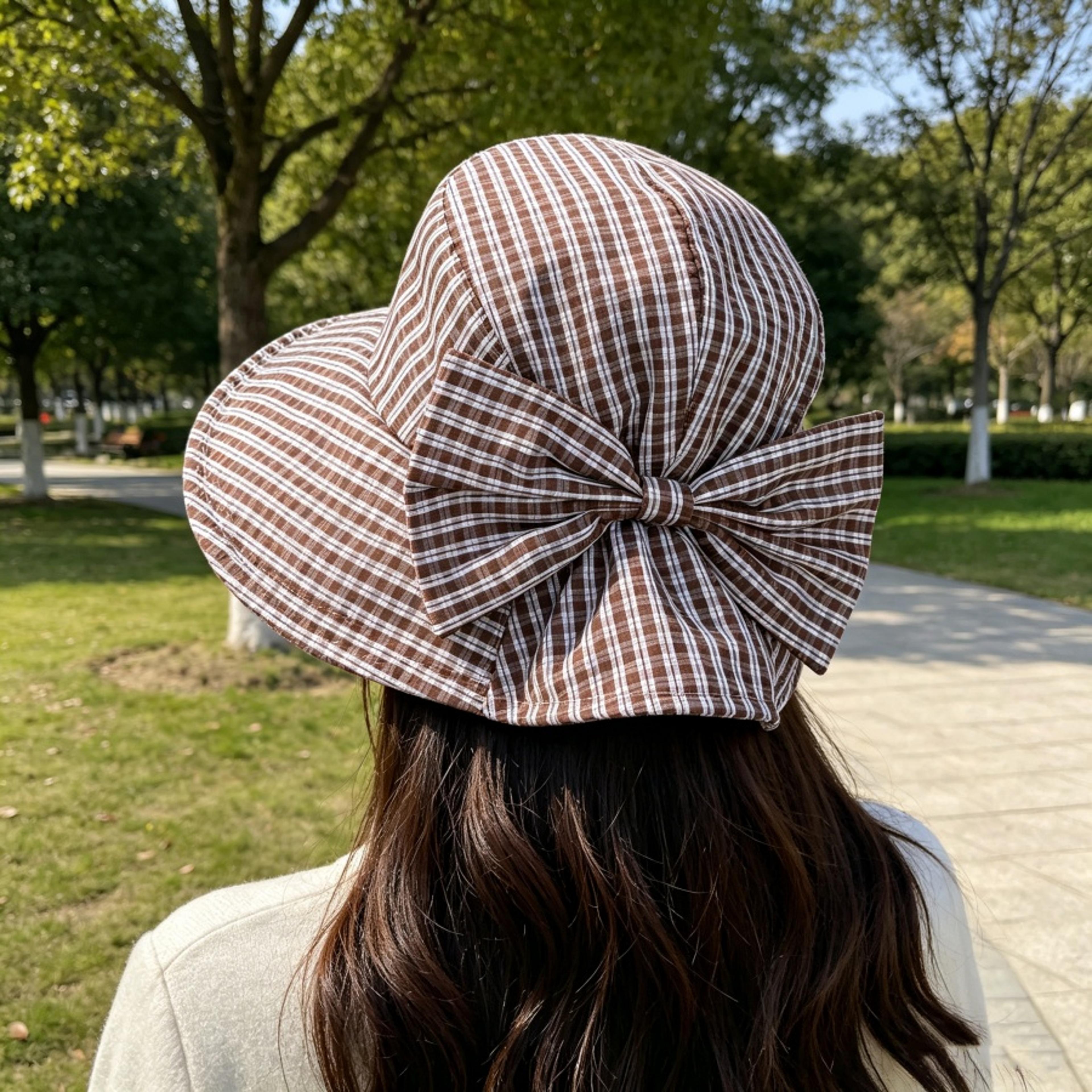 Retro Plaid Foldable Wide Brim Sun Hat With Bow Stylish UV Protection 0