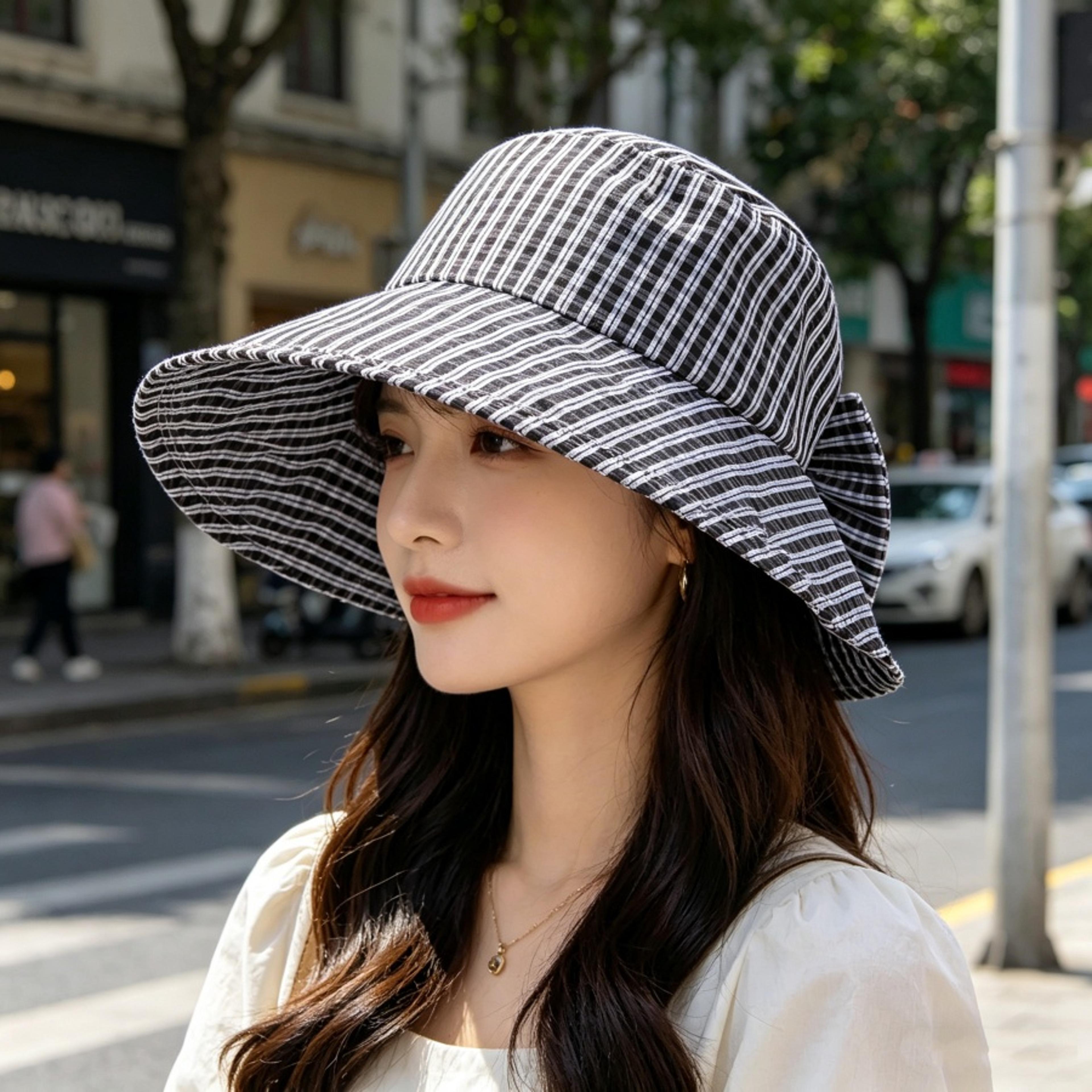 Retro Plaid Foldable Wide Brim Sun Hat With Bow Stylish UV Protection 1