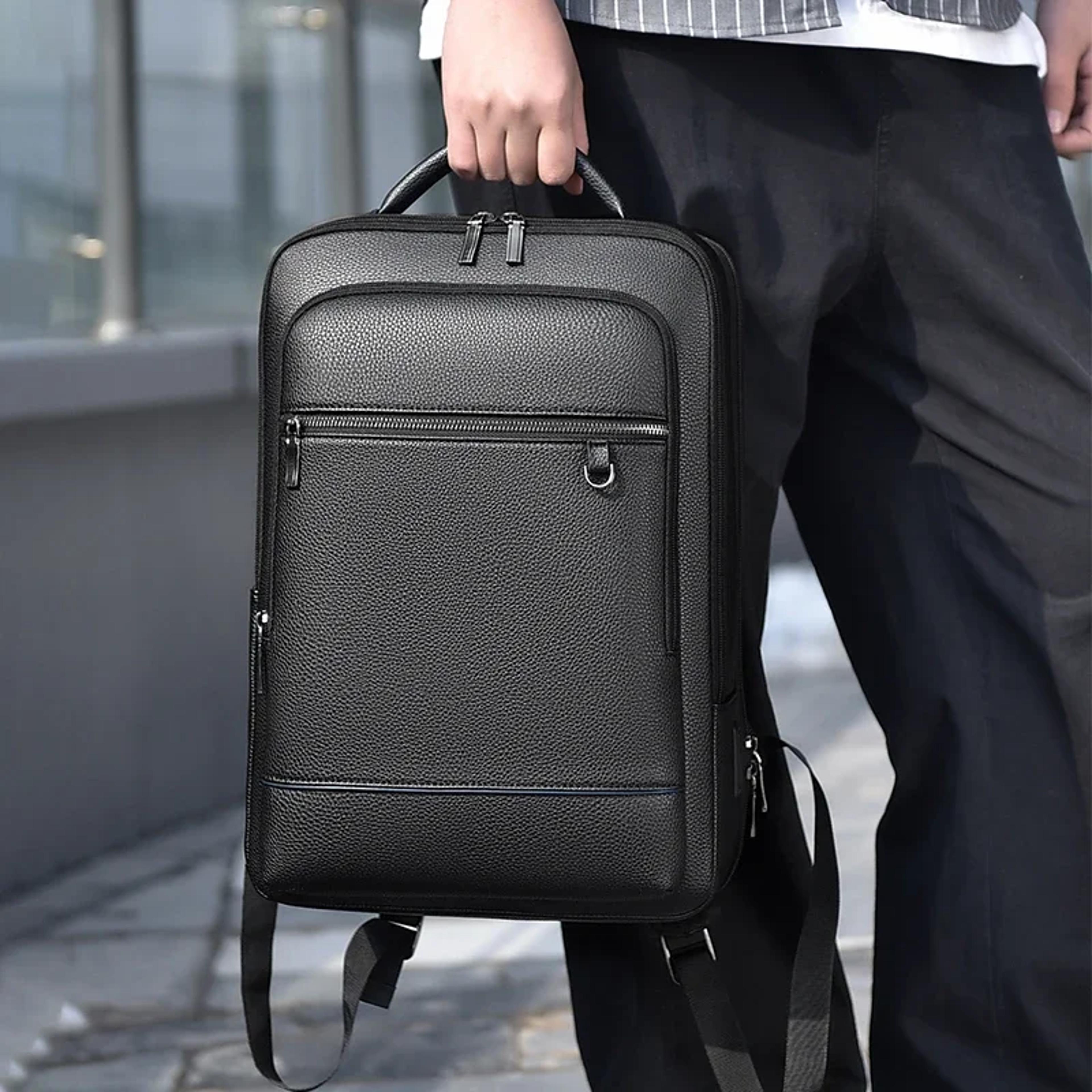 Executive PU Leather USB Charging Business Laptop Backpack 1
