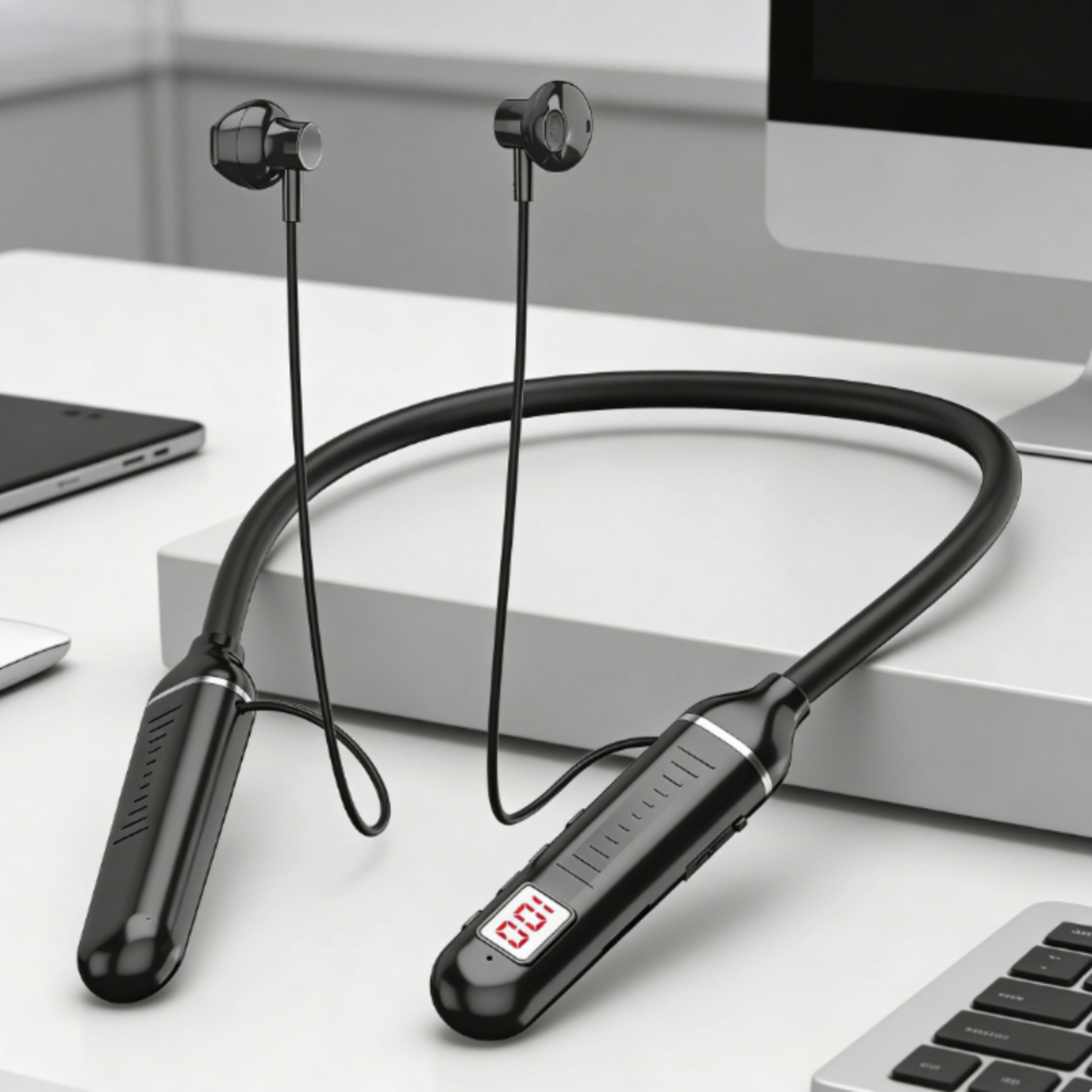 wireless bluetooth neckband headphones with led display