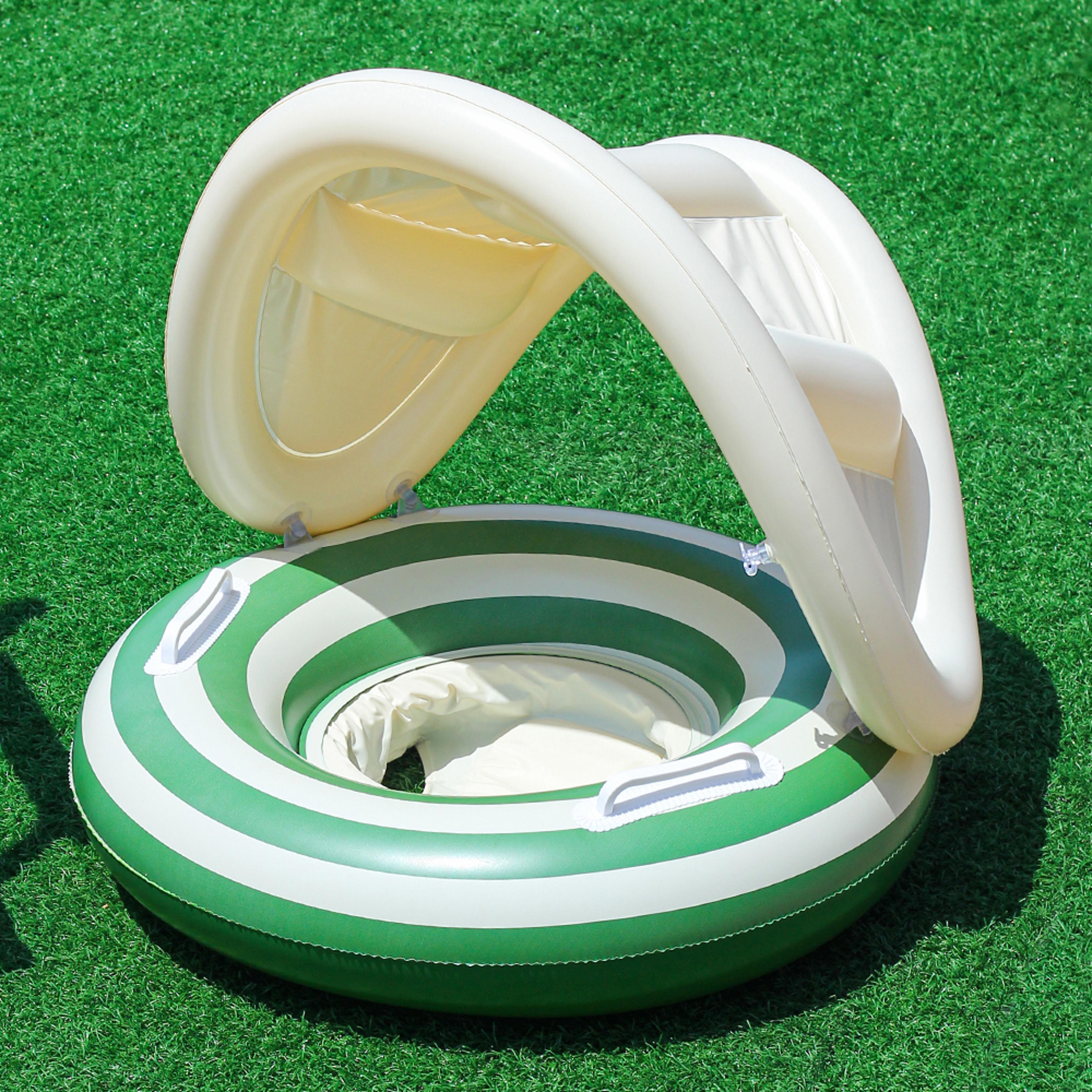 Retro Striped Inflatable Pool Float Ring With Sunshade And Handles 4