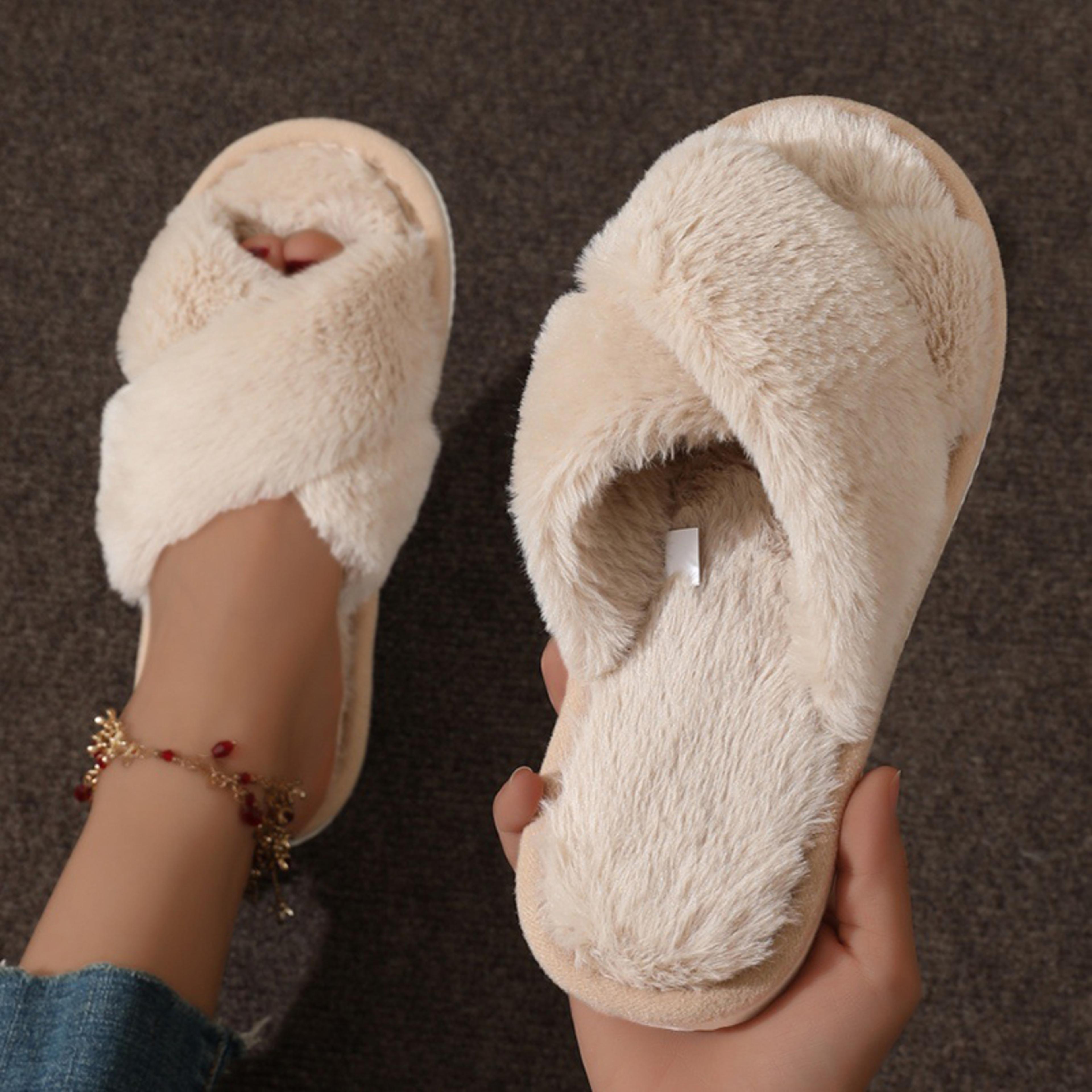 Womens Fluffy Slippers Fashion Cross Band Soft Plush House Shoes Cozy Furry Open Toe Indoor Outdoor 1