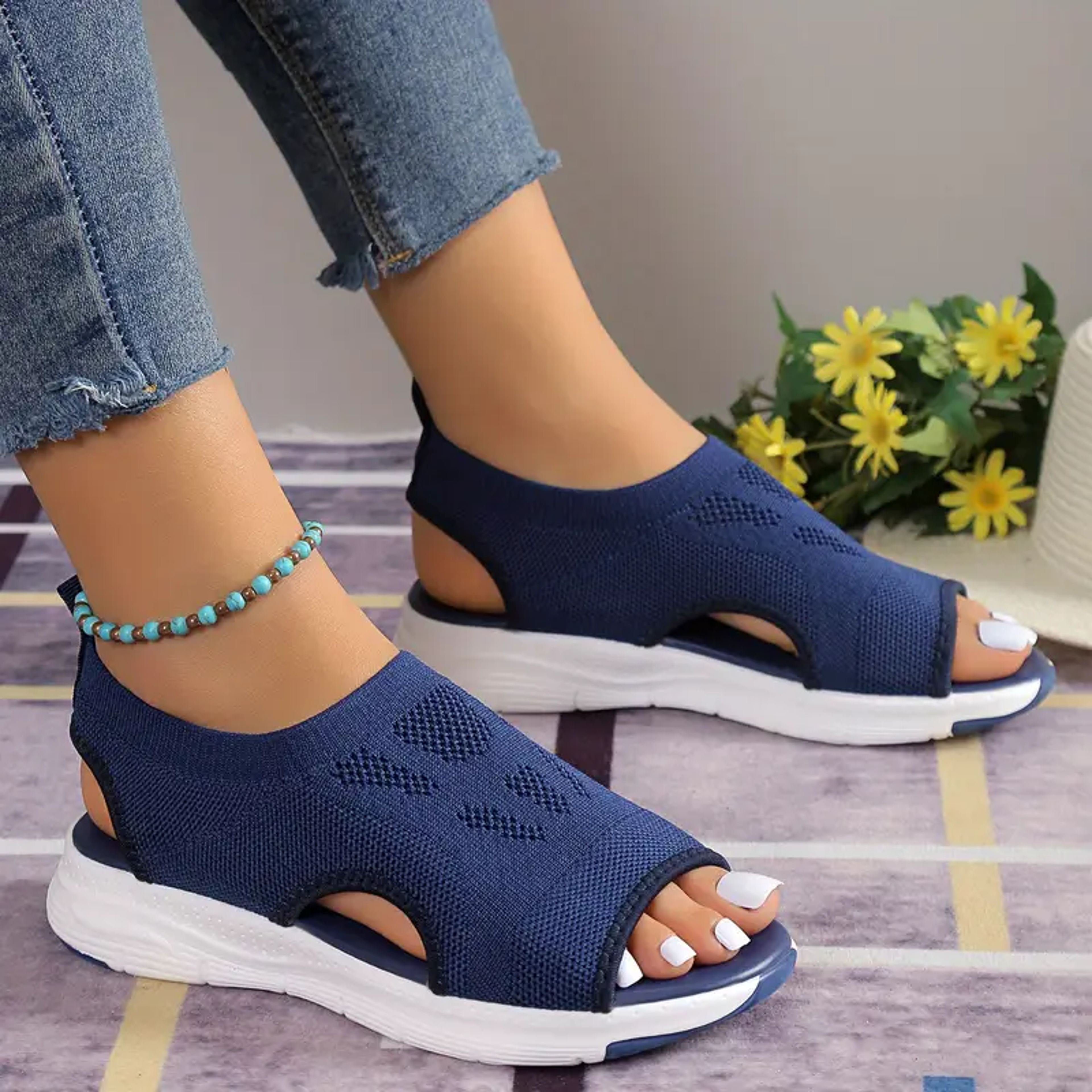 Womens New Summer Fashion Comfortable Round Toe Thick Sole Solid Color Sports Shoes Mesh Breathable 2