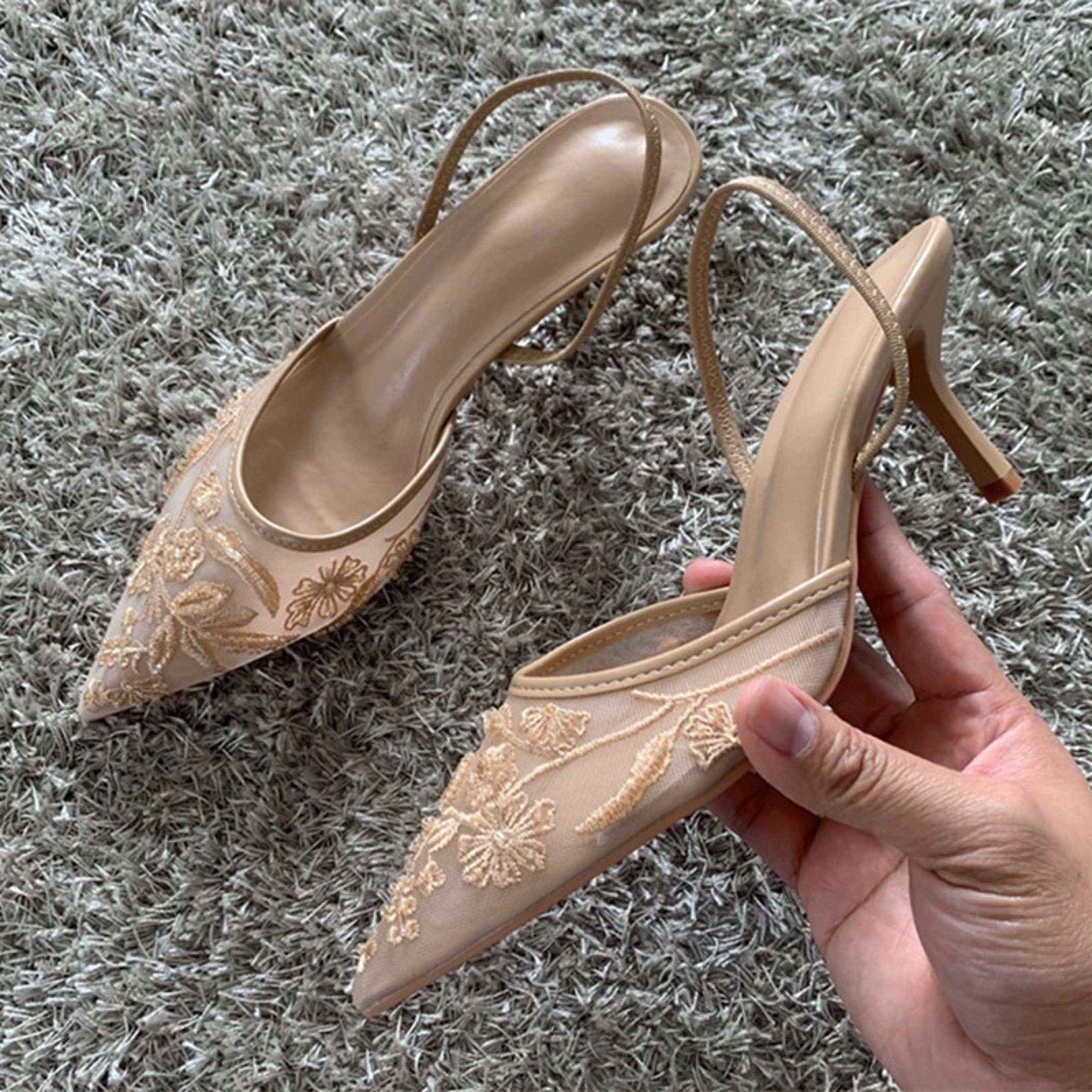 Summer Elegant Black Mesh Embroidery Women Pumps Sexy Pointed Toe String Bead Designer High Heels F 2