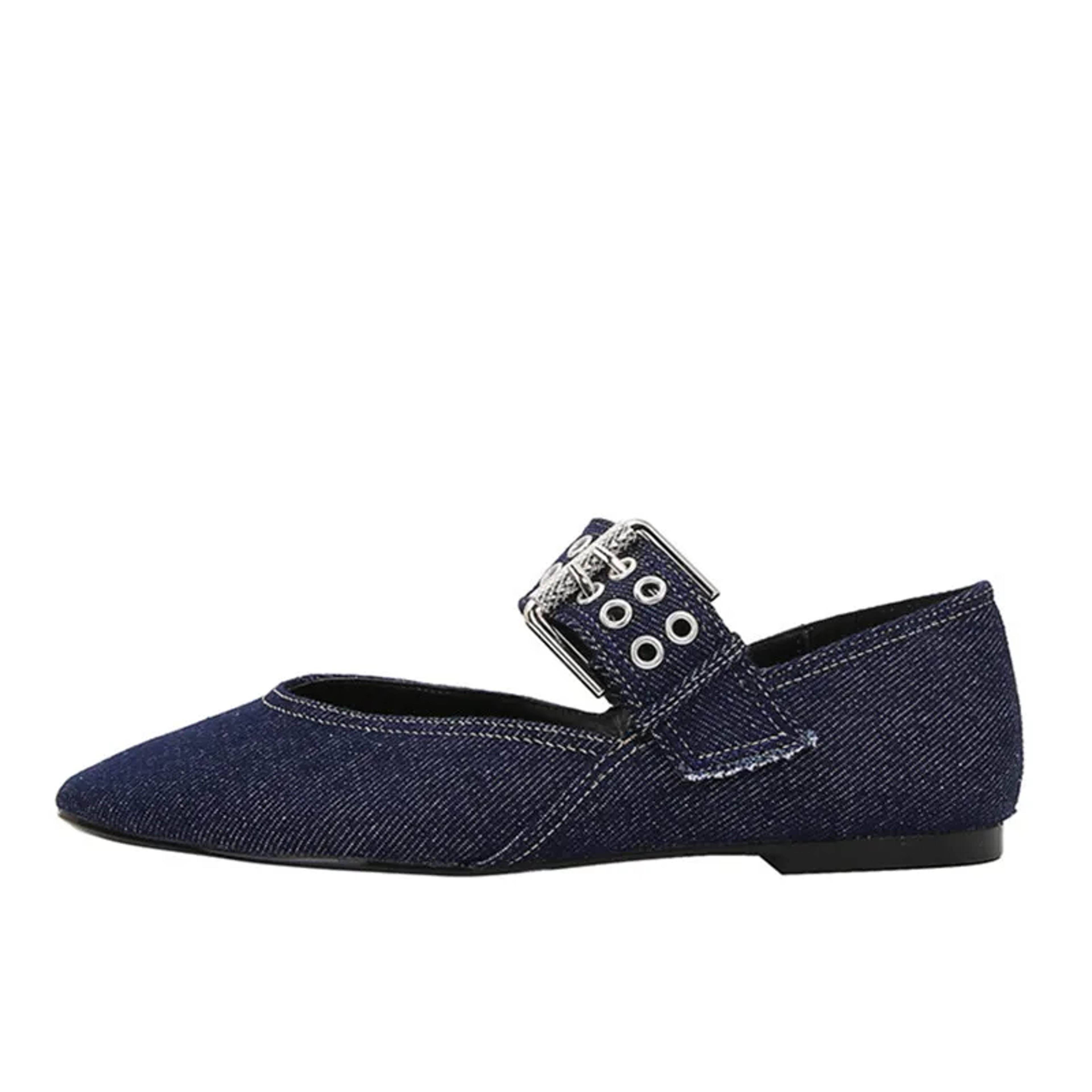 Womens Denim Blue Ballet Flats Lightweight Designer Mary Jane Shoes With Metal Buckle Strap Casual  1