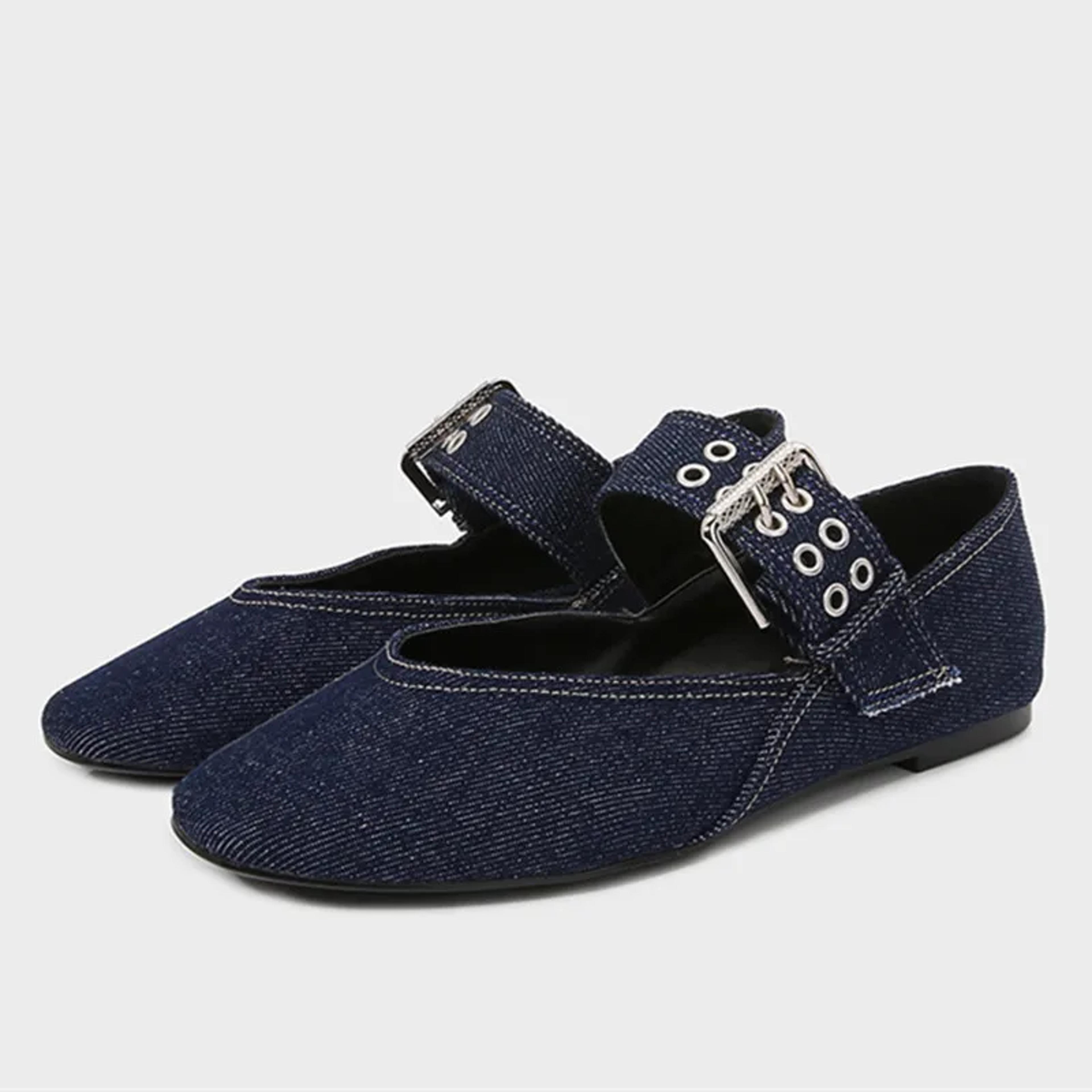 Womens Denim Blue Ballet Flats Lightweight Designer Mary Jane Shoes With Metal Buckle Strap Casual  6