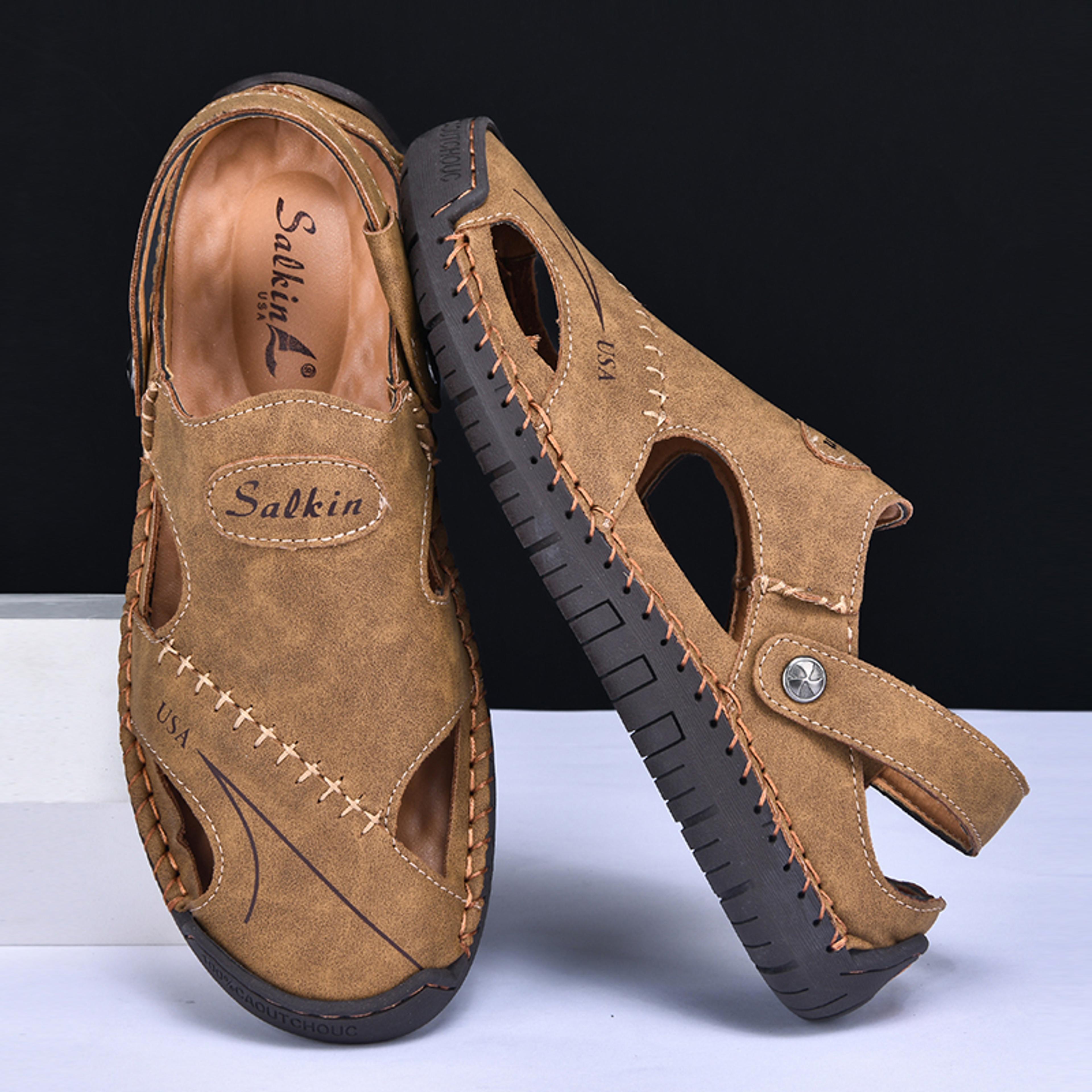 Mens Handmade Breathable Leather Summer Sandals Outdoor Antiskid Hollow Beach Shoes For Stylish Com 2