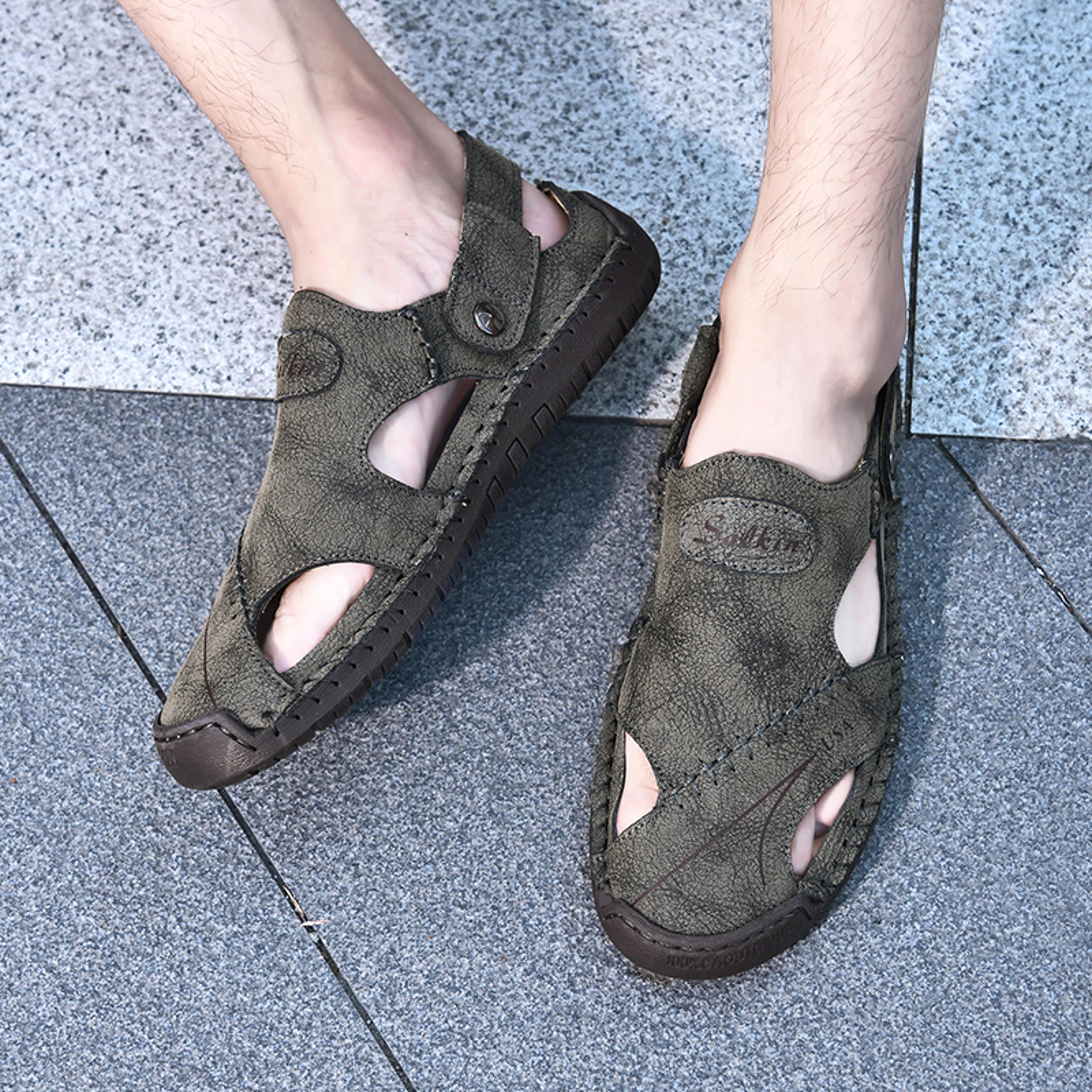 Mens Handmade Breathable Leather Summer Sandals Outdoor Antiskid Hollow Beach Shoes For Stylish Com 1