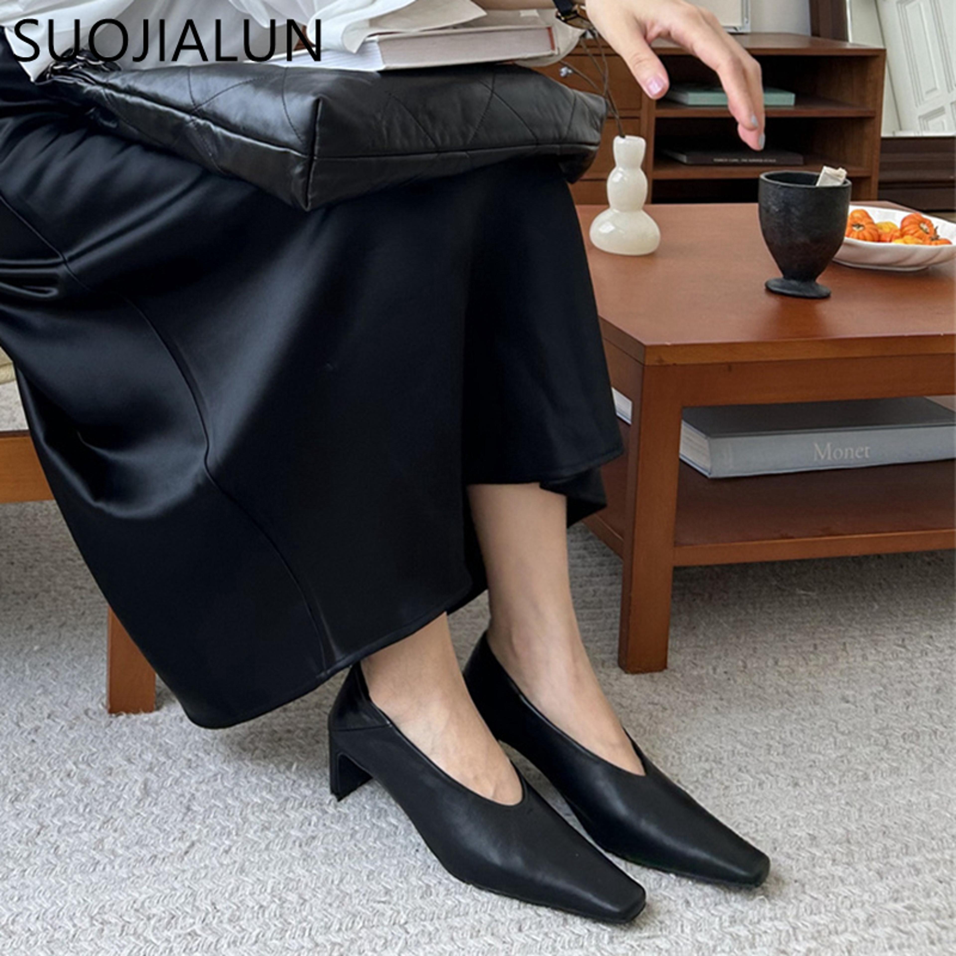 Elegant Autumn Women Pumps Shoes Stylish Shallow Slip On Square High Heel Single Shoes For Ladies D 1