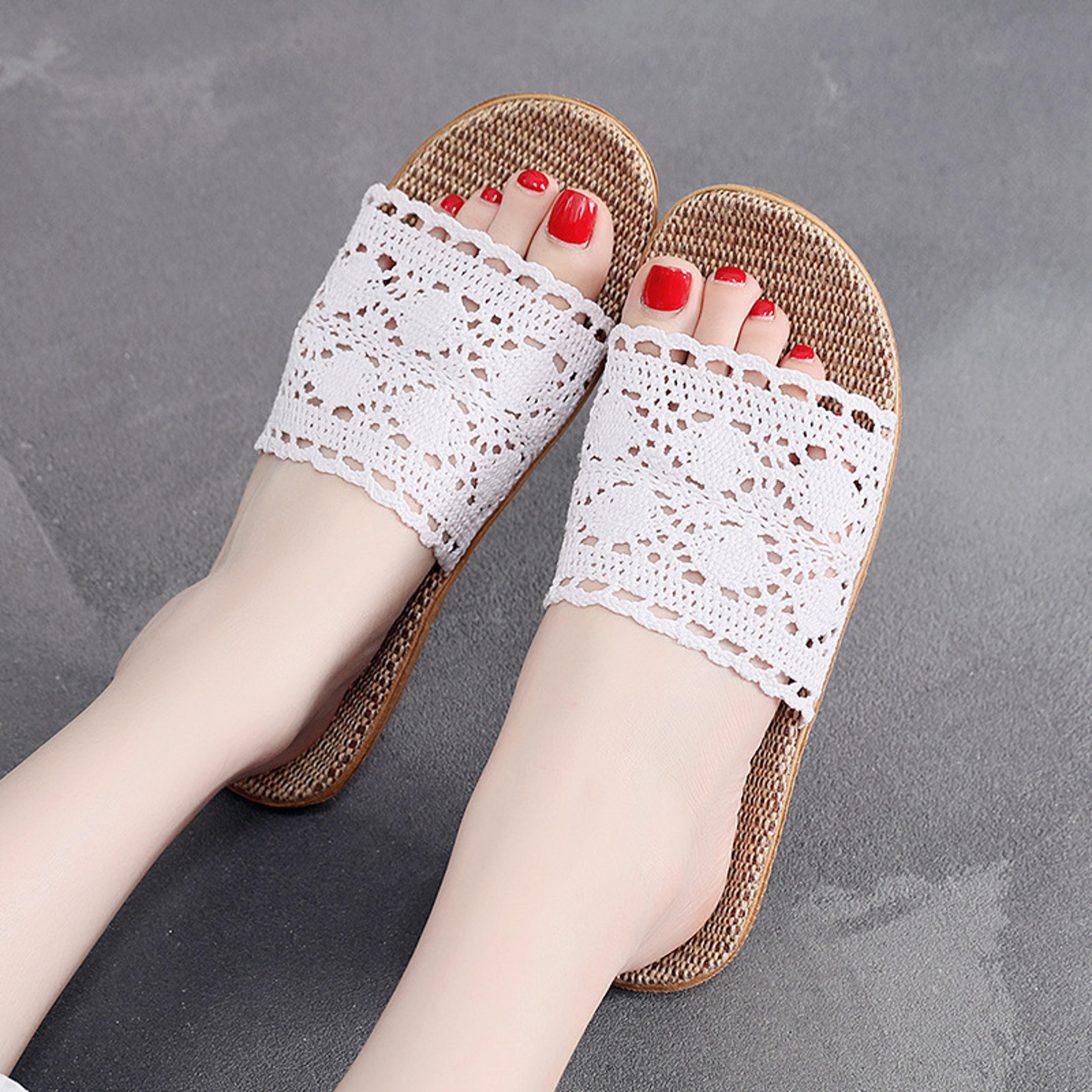 Elegant Lace Casual Slippers For Women Flat Hemp Home Designer Shoes For Ladies Spring  Summer Indo 4