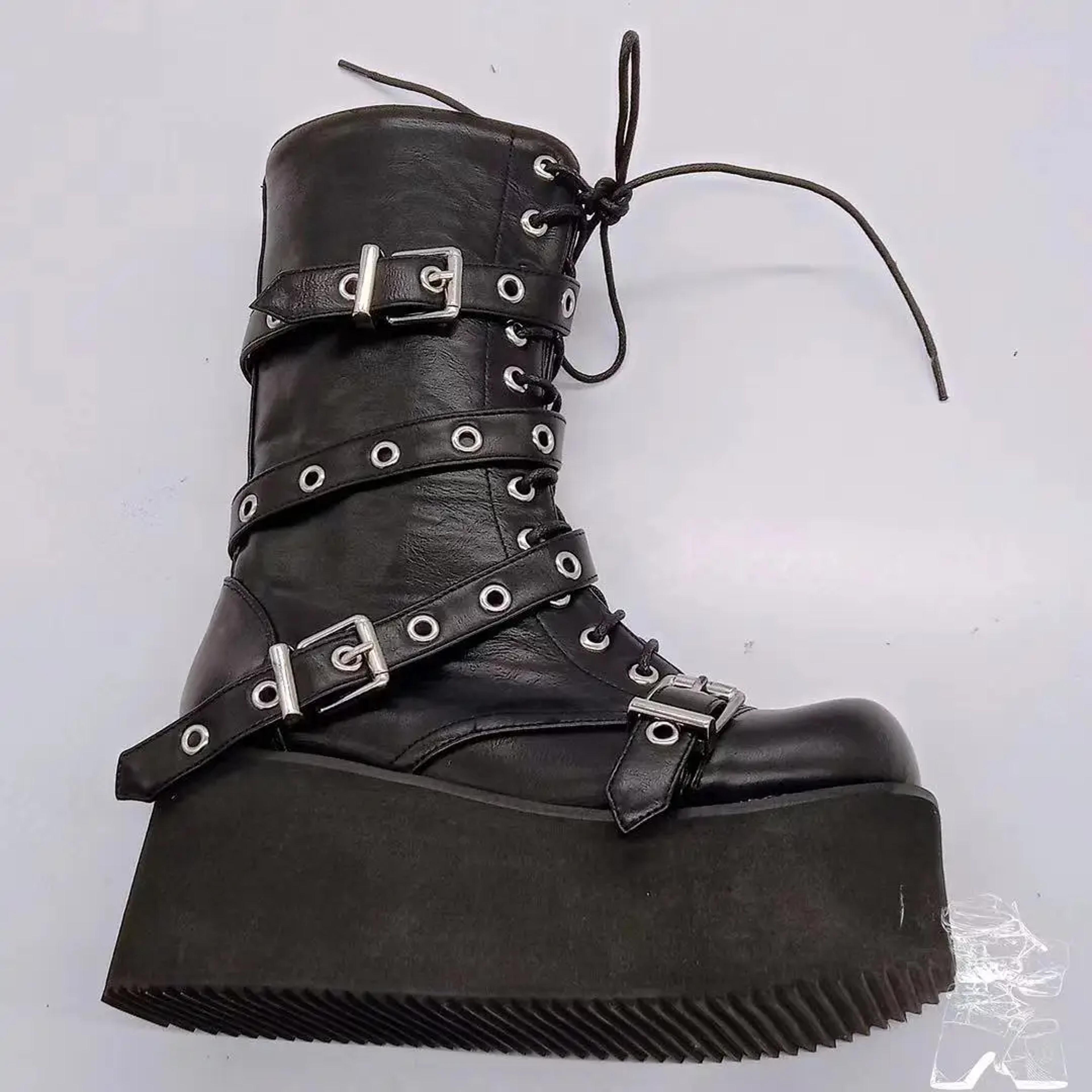 Trendy Autumn Women Boots Buckle Wedges Platform Combat Boots Punk Goth Street Style Round Toe Boot 3