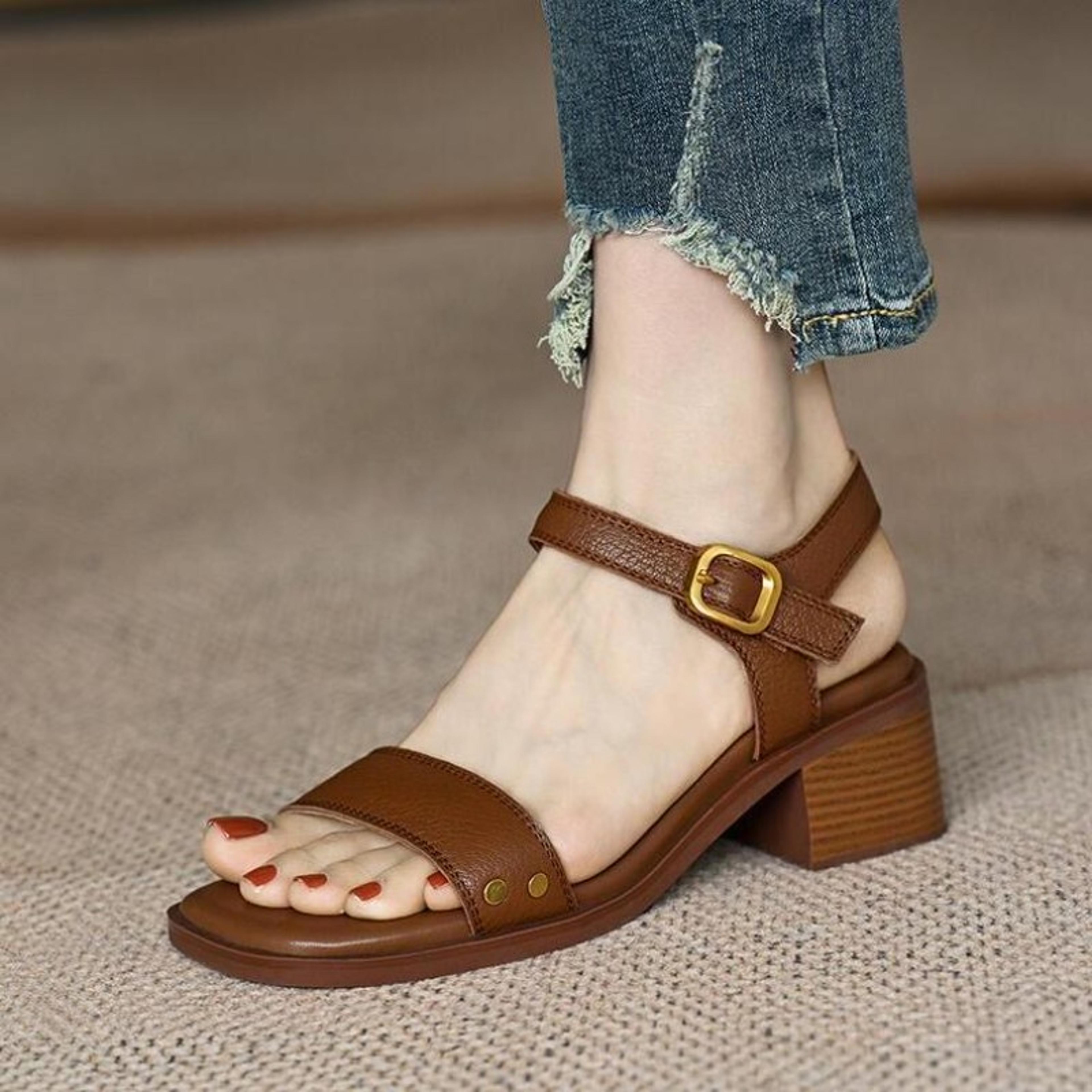 Vintage Brown Women Sandals Soft Leather Thick Heel Cross Strap Summer Mary Jane High Heels 5