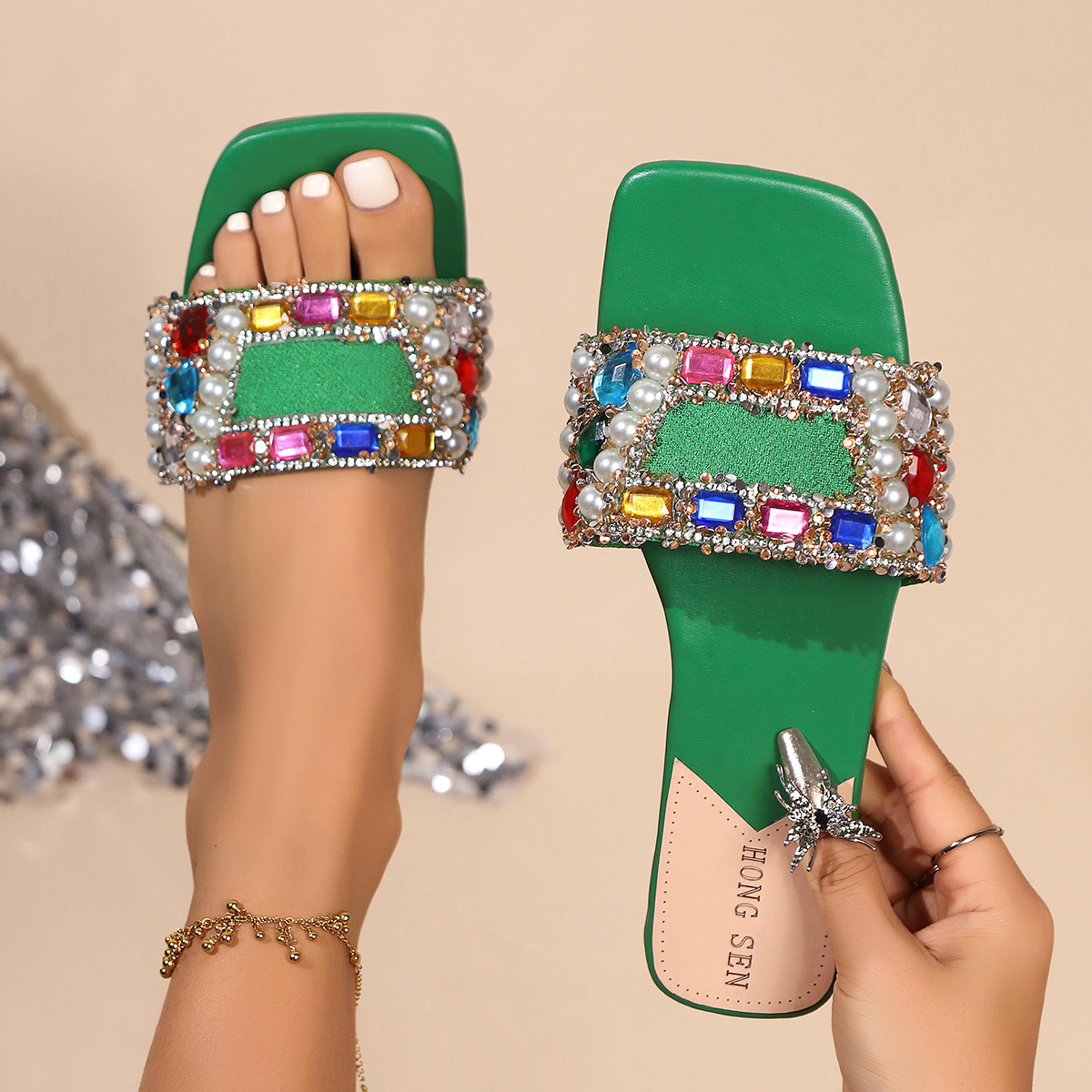 Casual Women Rhinestone Slippers Fairy Style Summer Home Sandals Flat Fashion Slides Versatile Desi 4