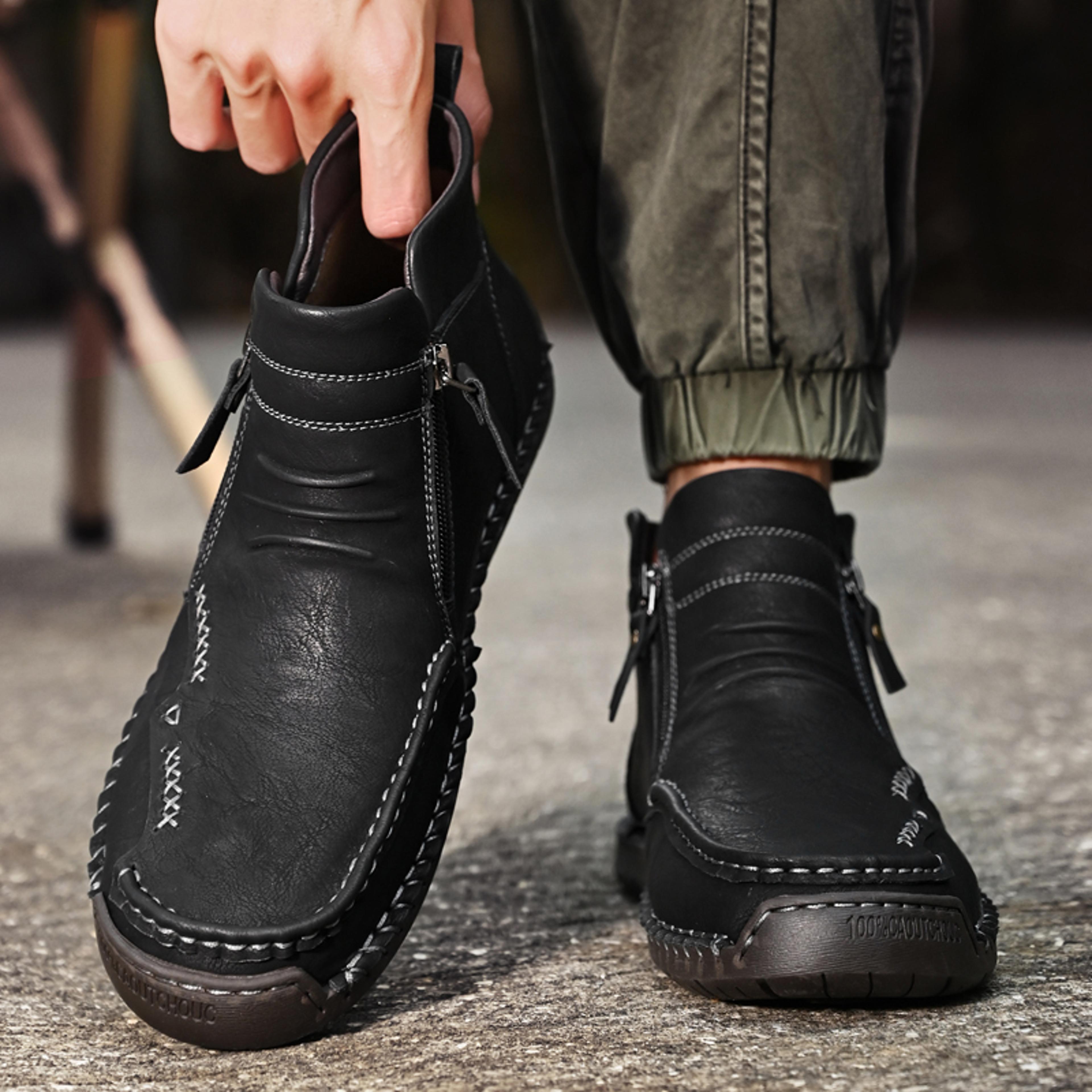 Handmade Mens Genuine Leather Shoes Luxury Ankle Boots Comfortable Slip On Winter Mid Cut Shoes 1