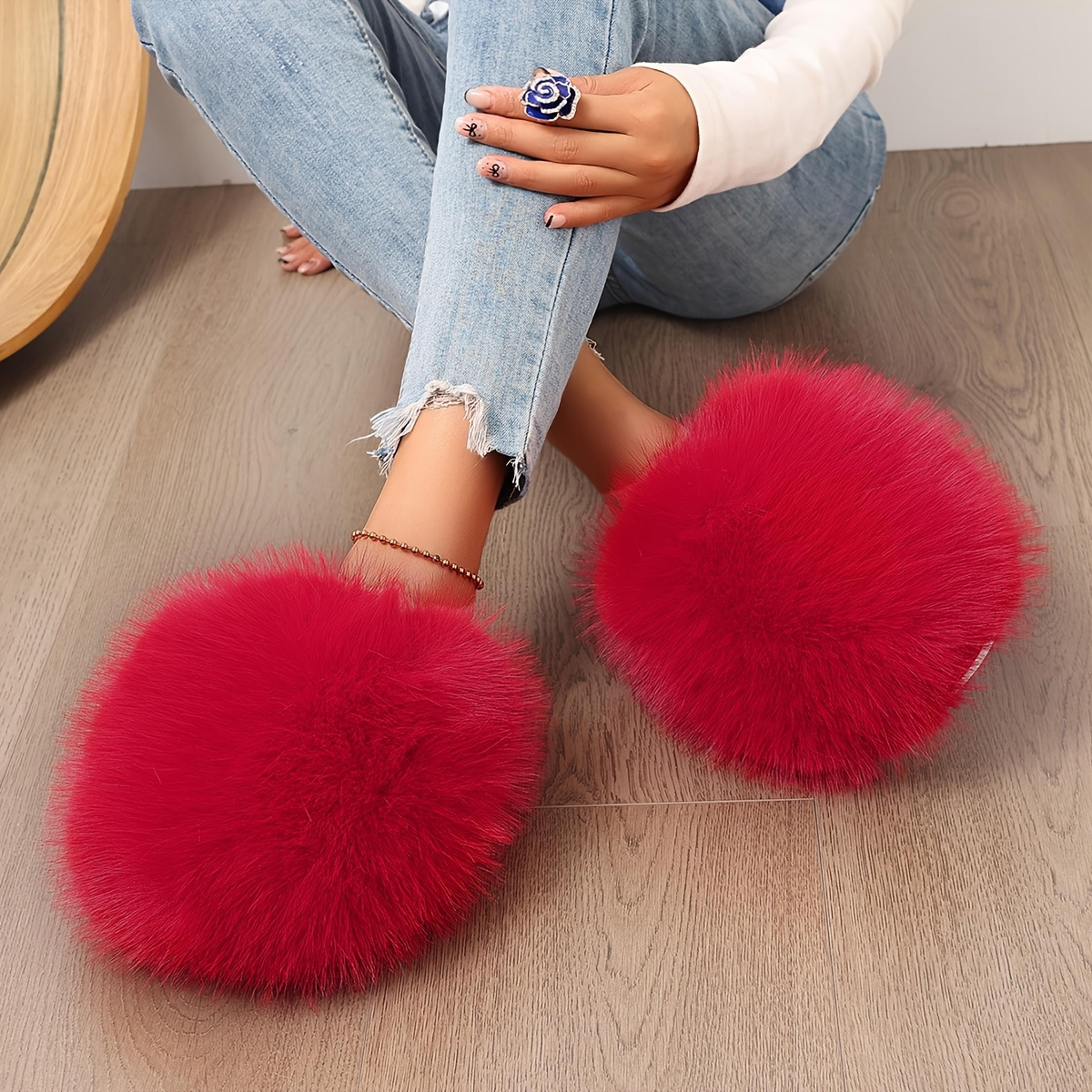 Korean Style Faux Fur Slippers For Women Pure Color Warm House Shoes Indoor Outdoor Flat Non Slip C 3