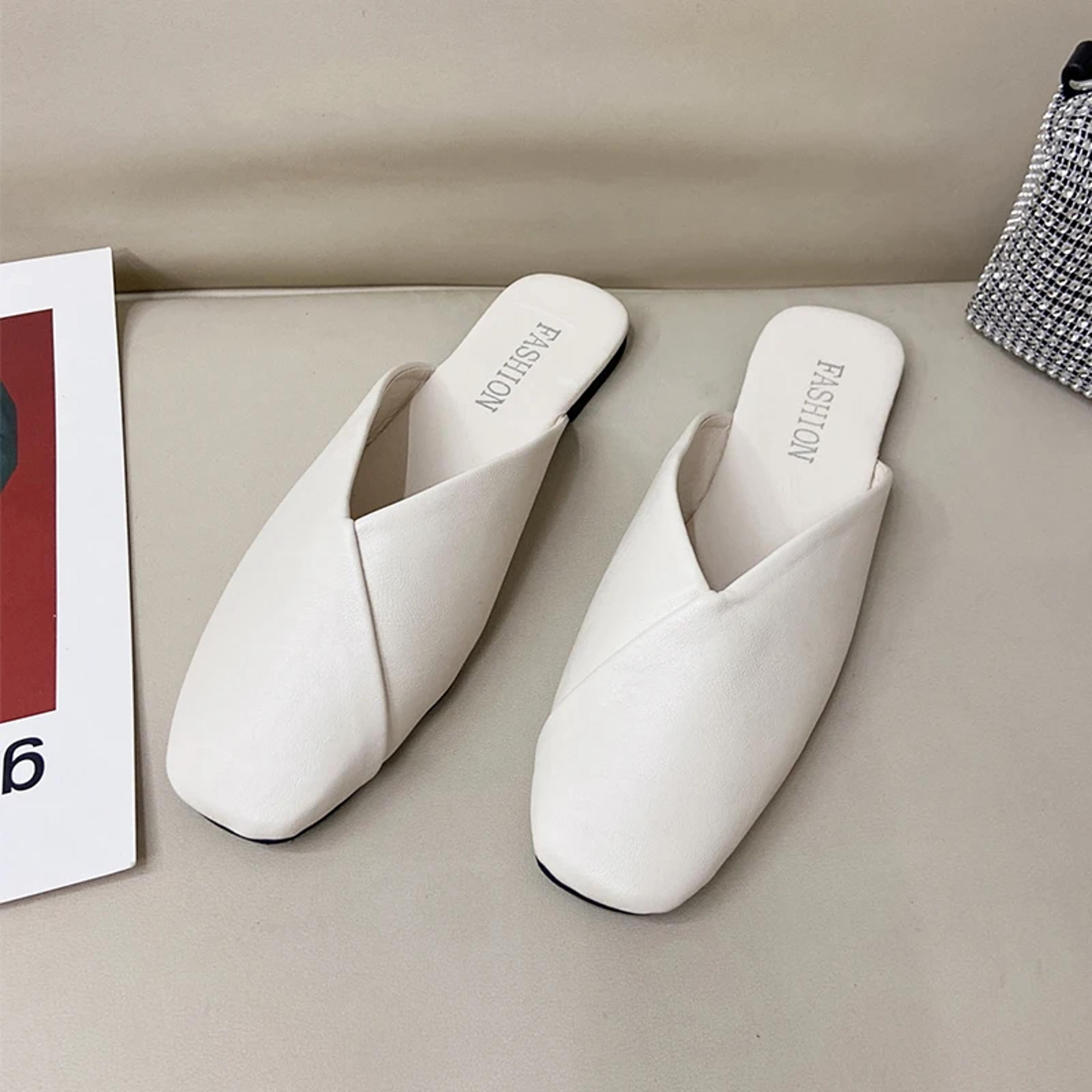 Elegant Summer Women Mules Square Closed Toe Flat Leather Slippers Casual Black White Slides For La 6