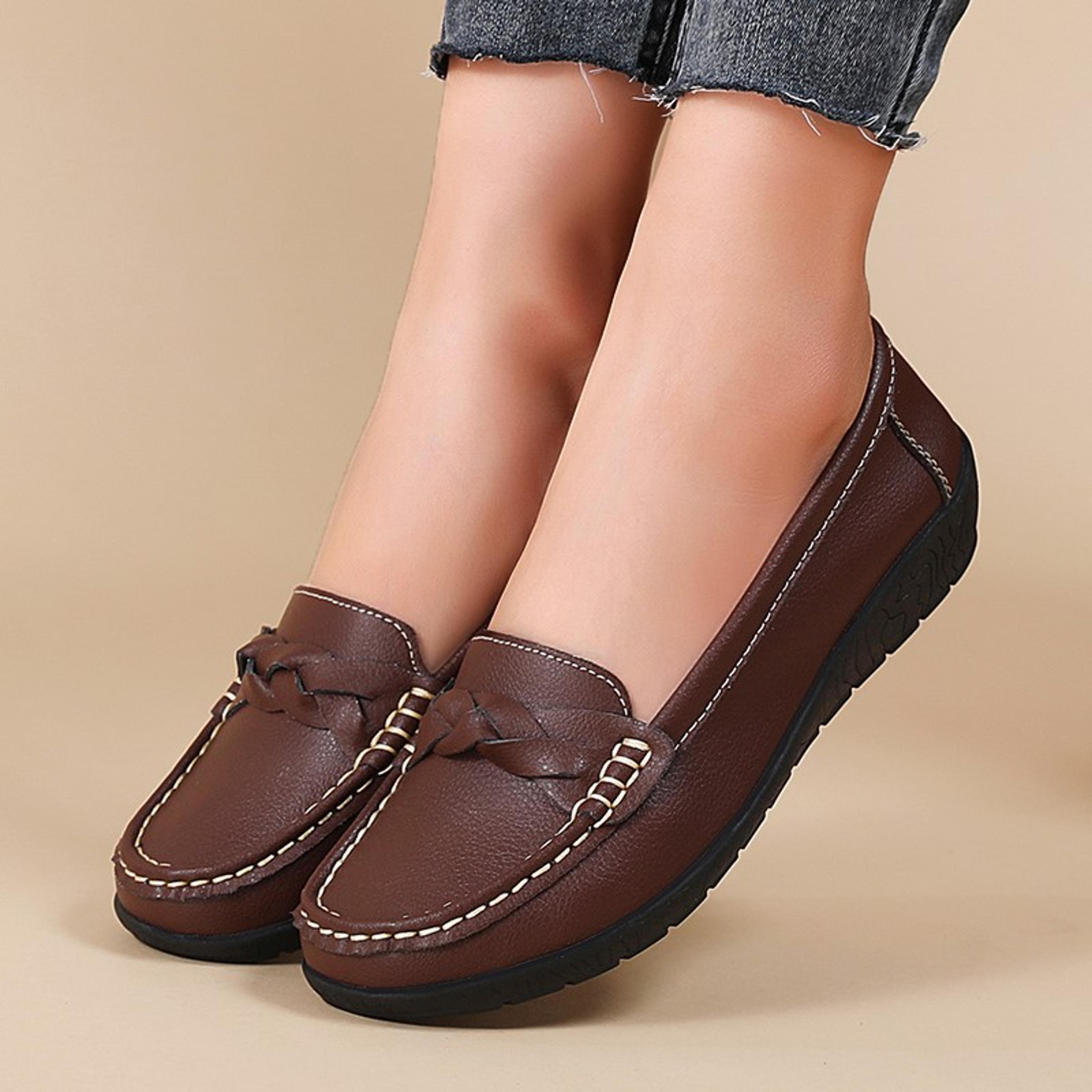 Women Leather Moccasins Shoes Round Toe Flats Slip On Black Casual Shoes 0