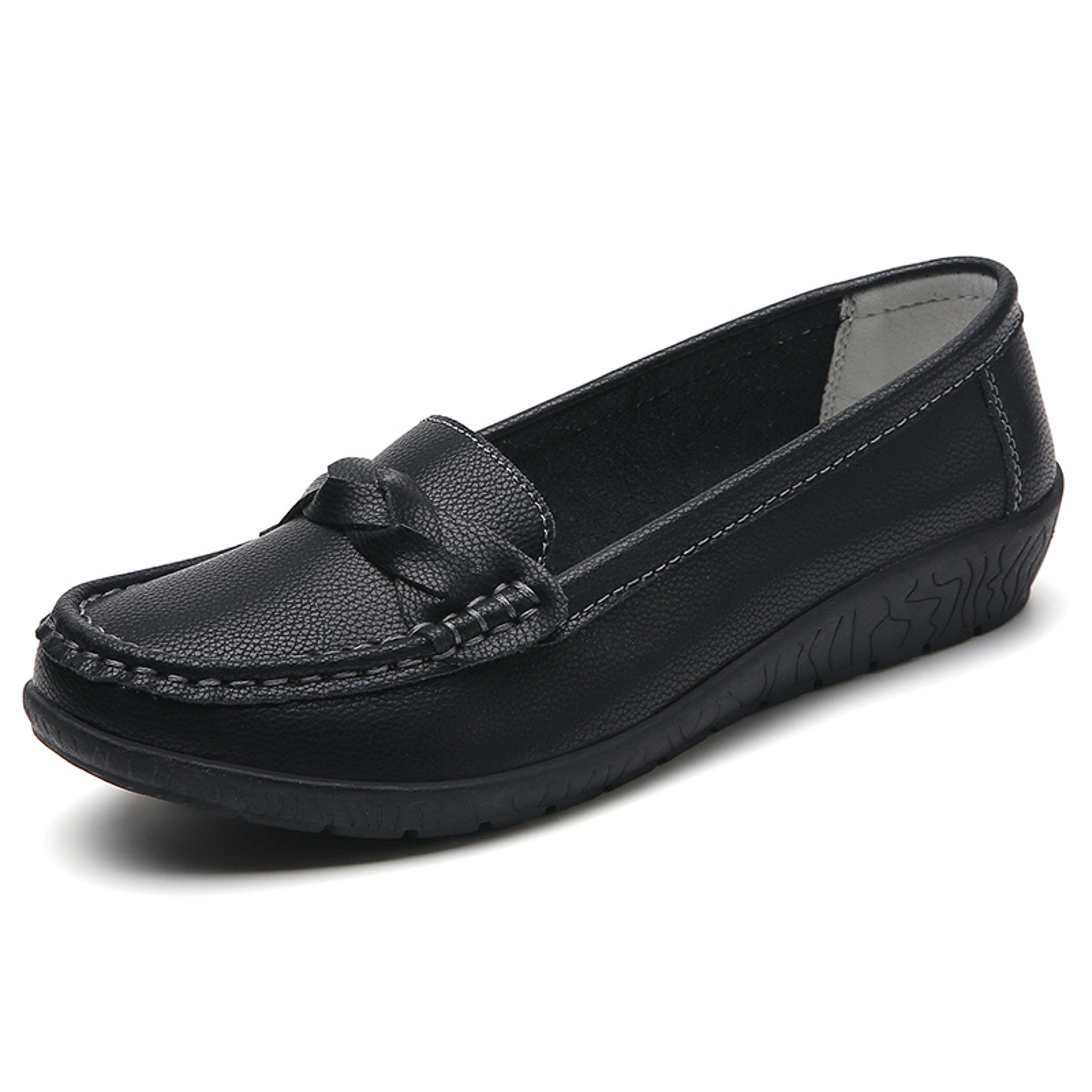 Women Leather Moccasins Shoes Round Toe Flats Slip On Black Casual Shoes 9