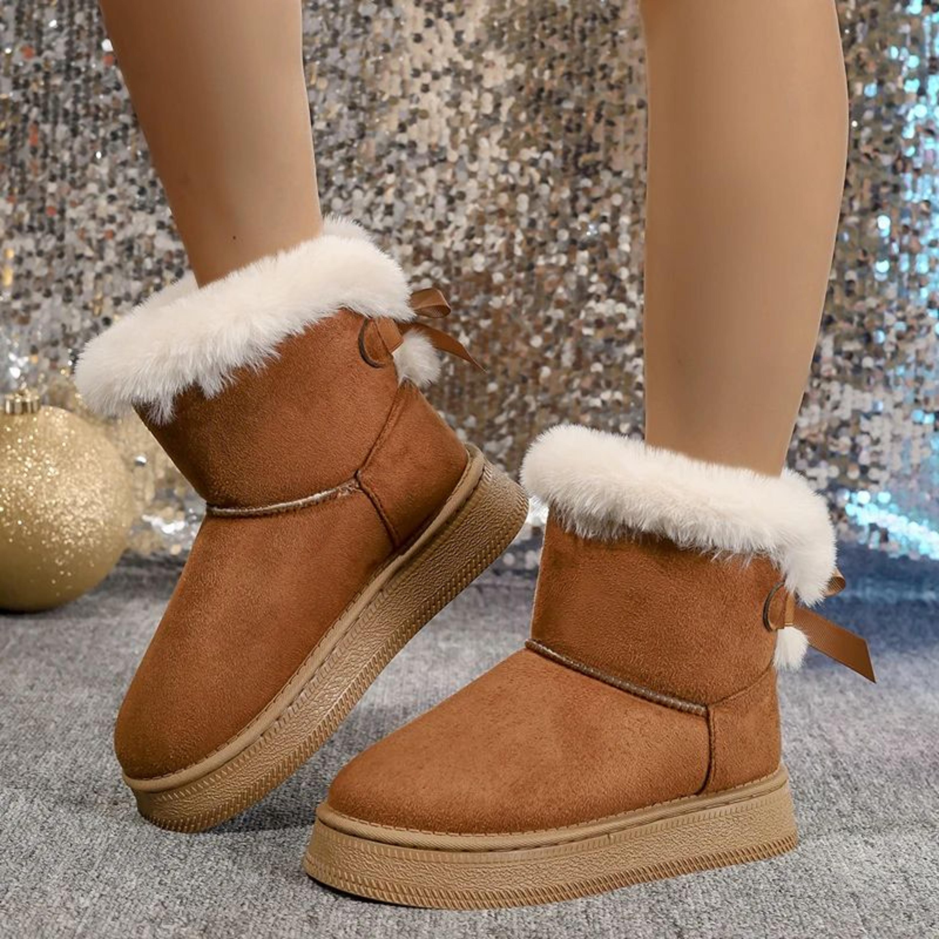Fashionable Round Toe Snow Boots Winter Warm Velvet Soft Flat Bow Shoes For Women Students 7
