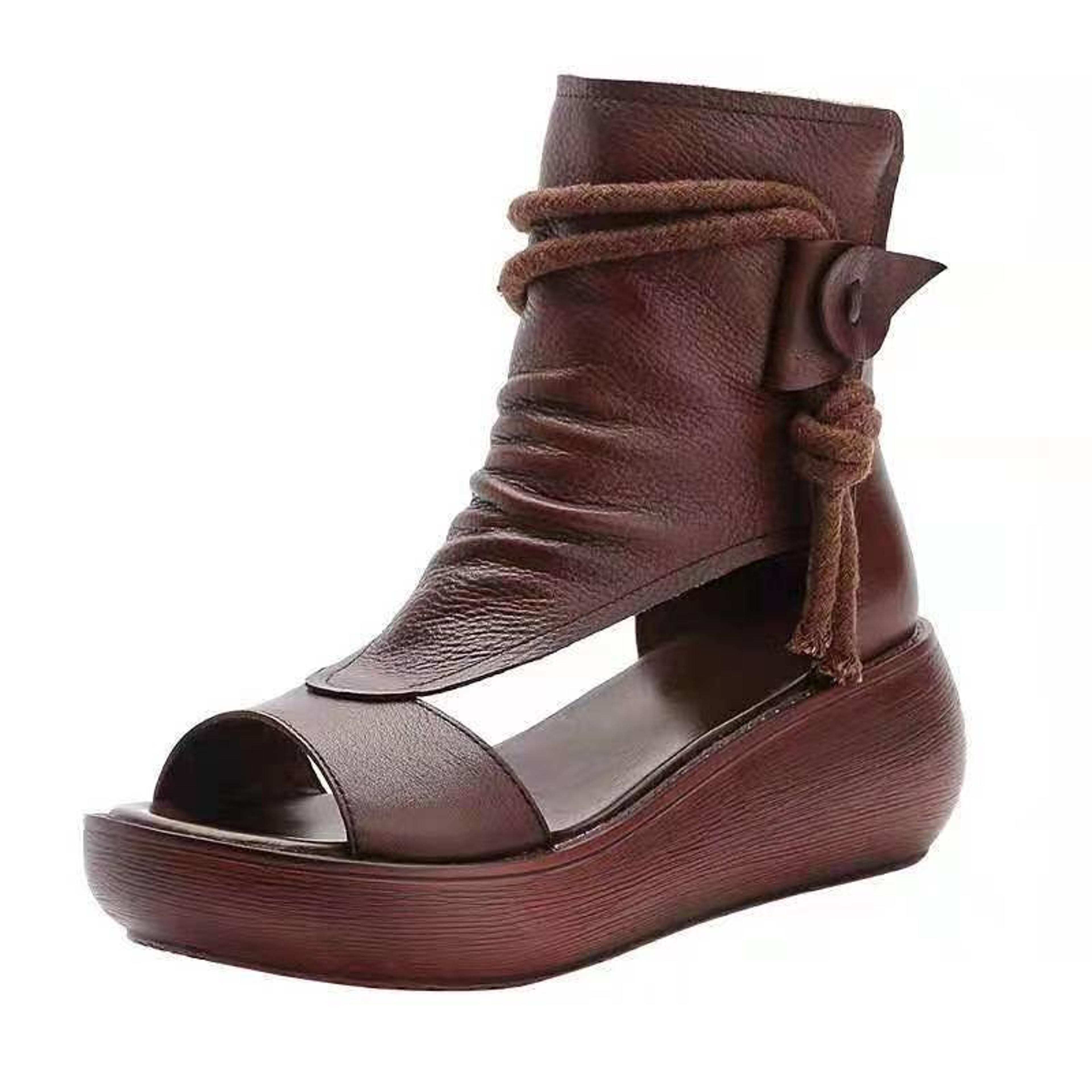 Fashion Leather Women Boots Retro Sandals Breathable Platform Shoes Mid Heels Women Wedges 6