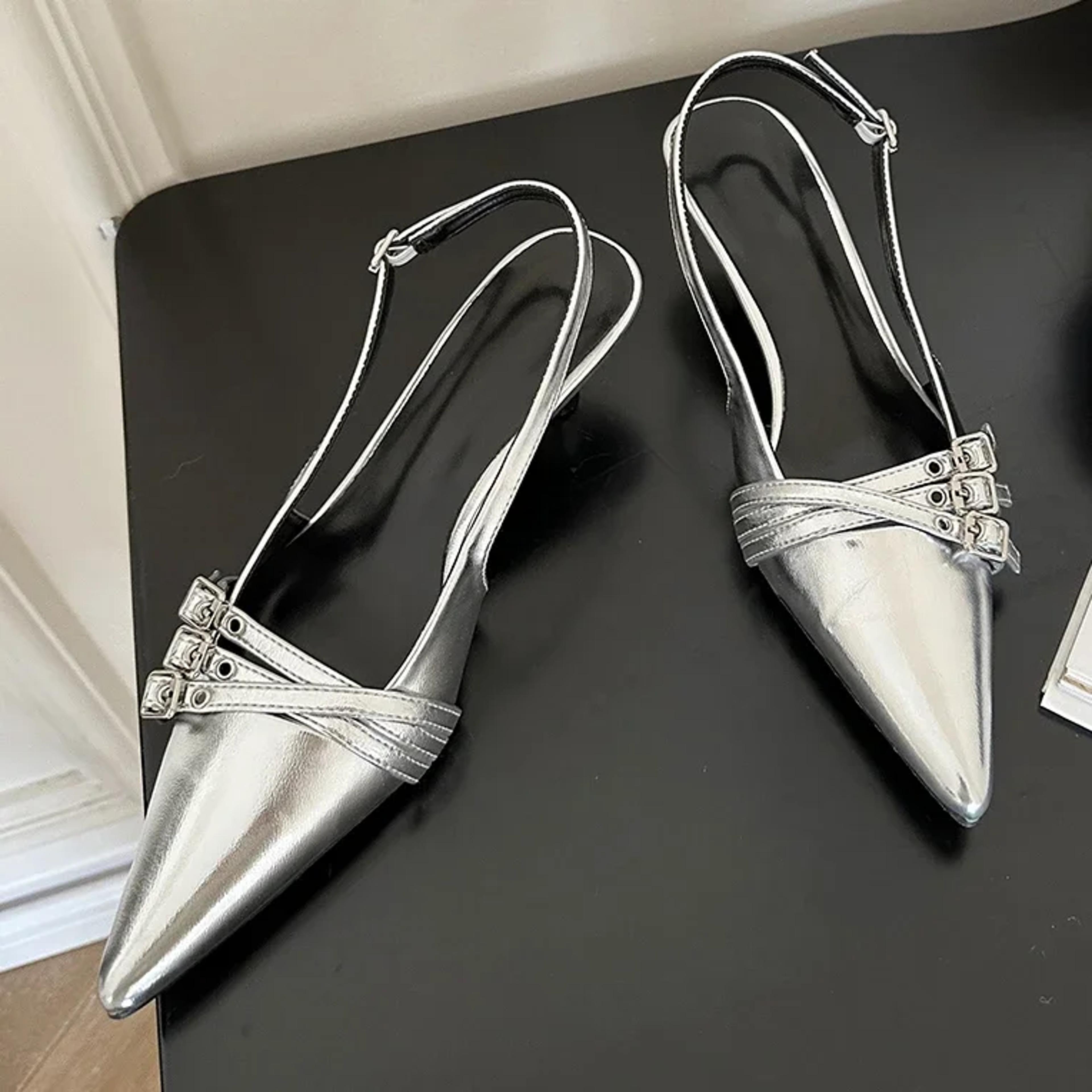 New Arrivals Pointed Toe Women Sandals Fashion Elastic Band Thin Mid Heels Red Black Silver Dress S 5