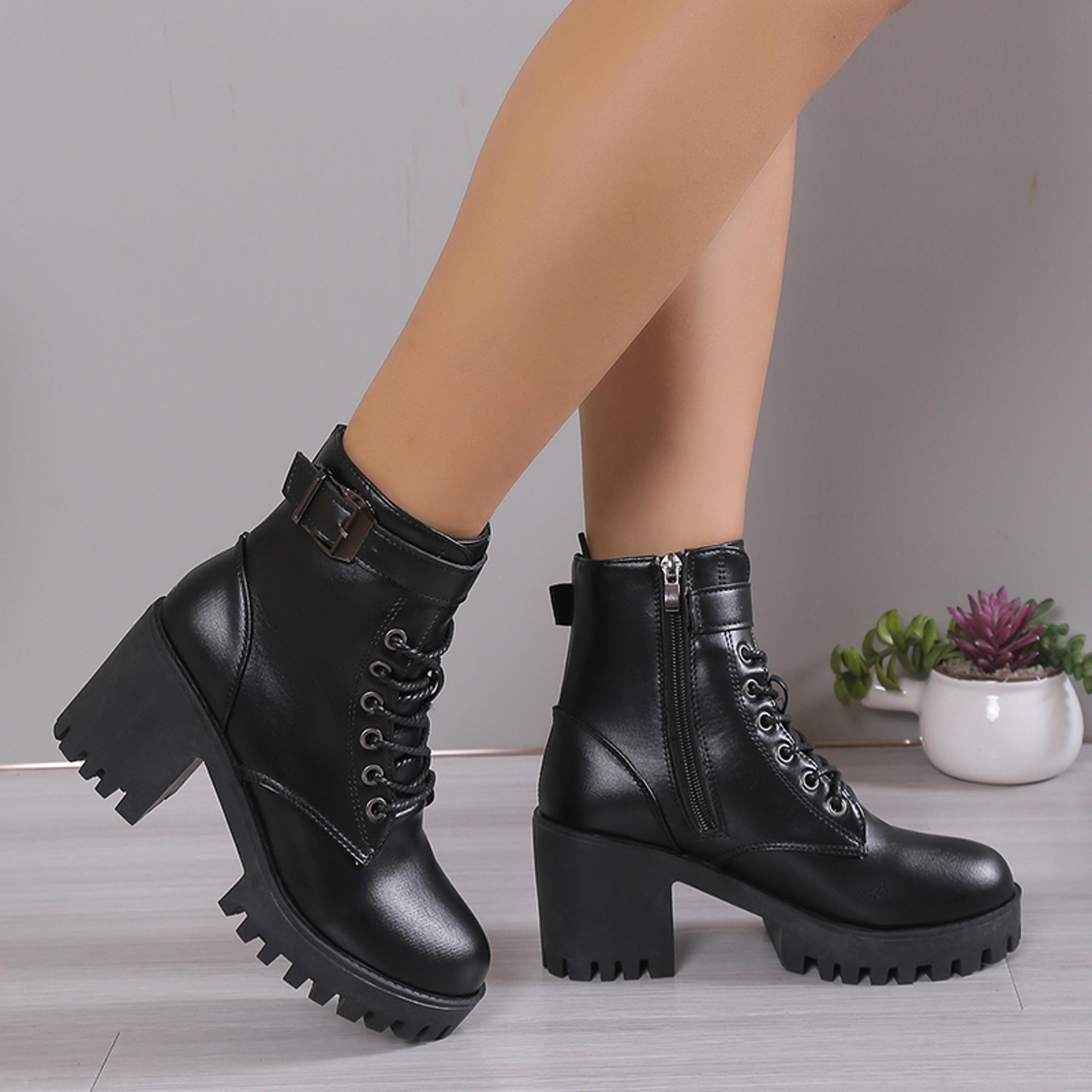 comfortable elegant winter women's boots with square heel, side zipper, solid color, round head, simple thick heel