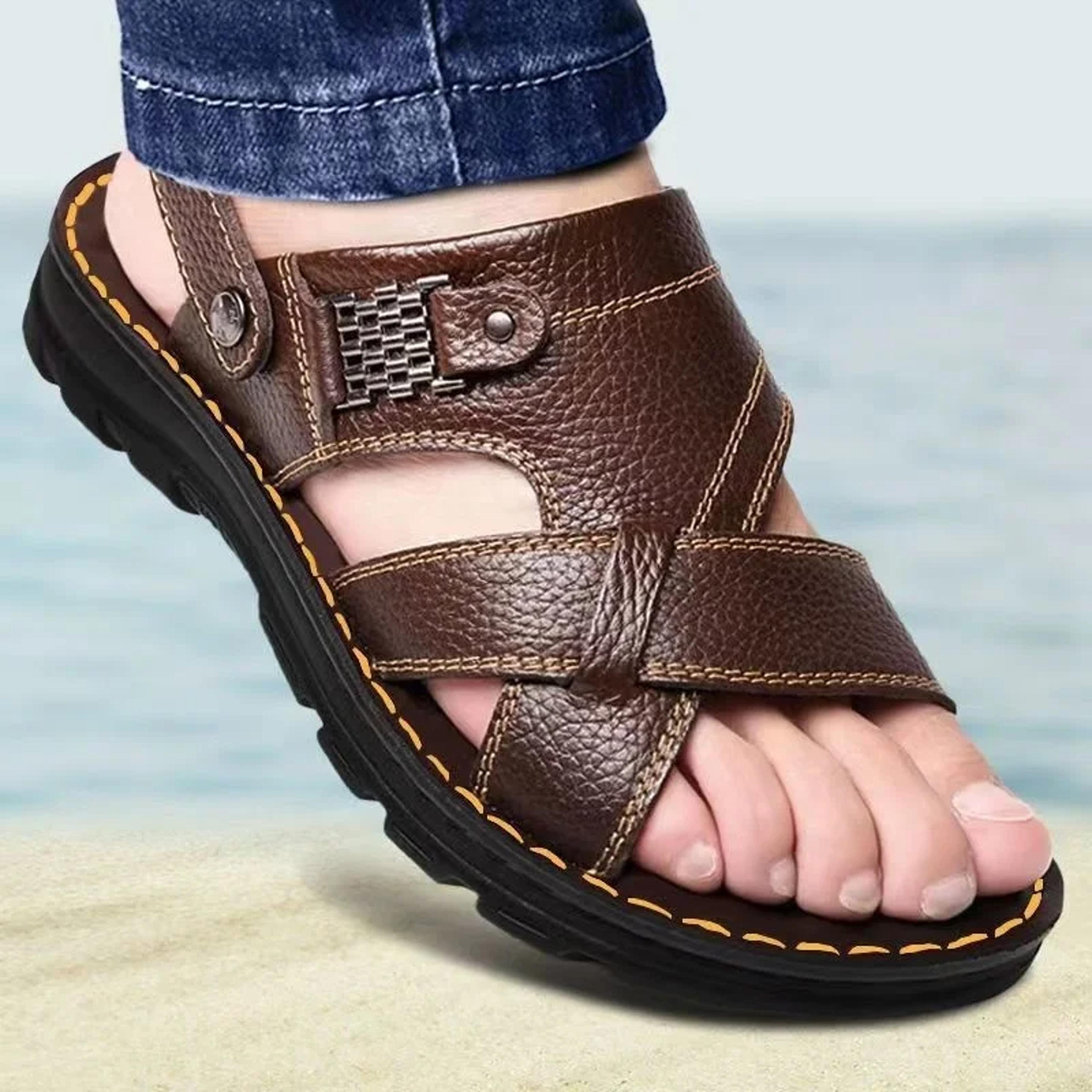 genuine leather slippers for men, summer men leather sandals, soft men comfort shoes, outdoor thick soled beach shoes