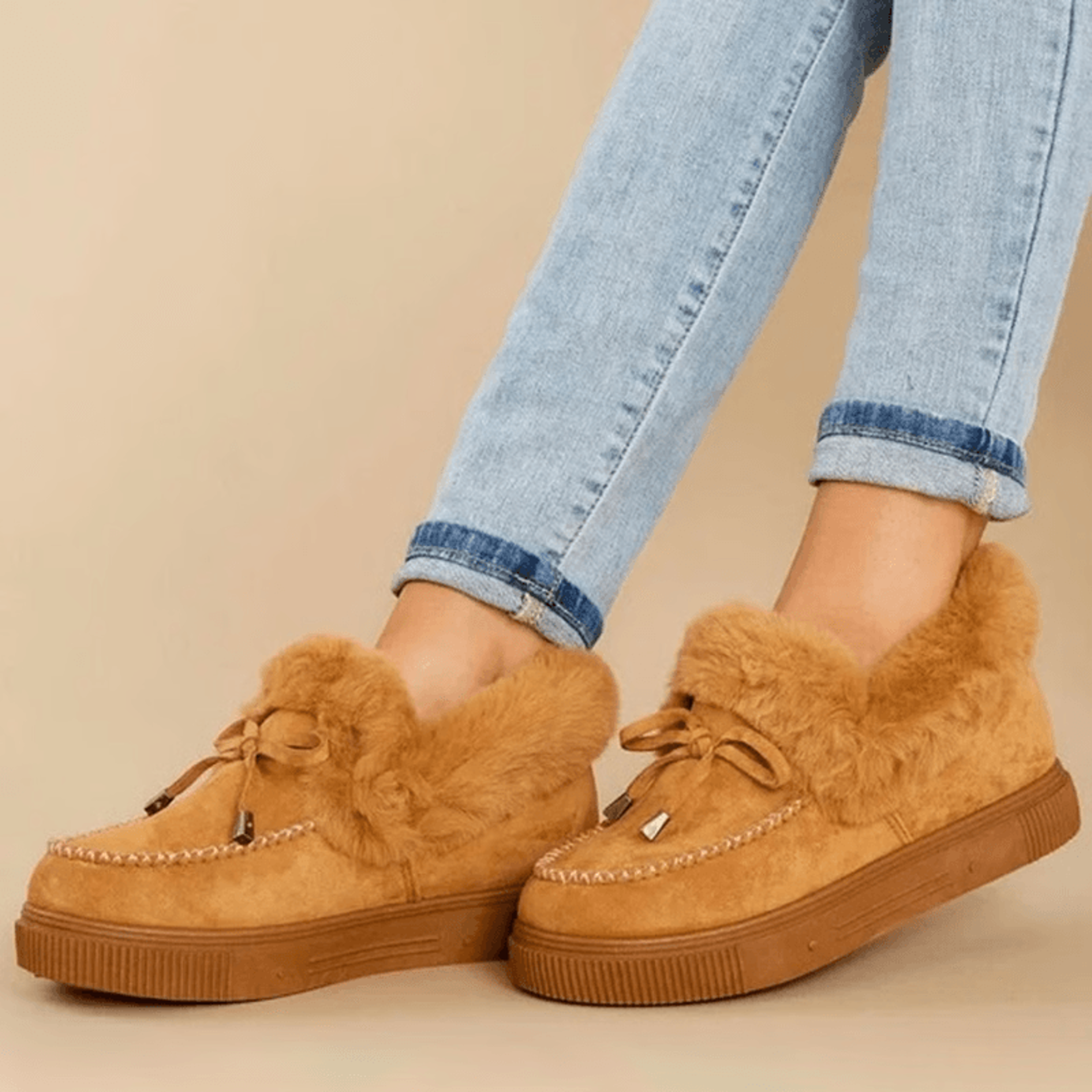 Closeup of soft fleece lining inside womens warm cotton shoes