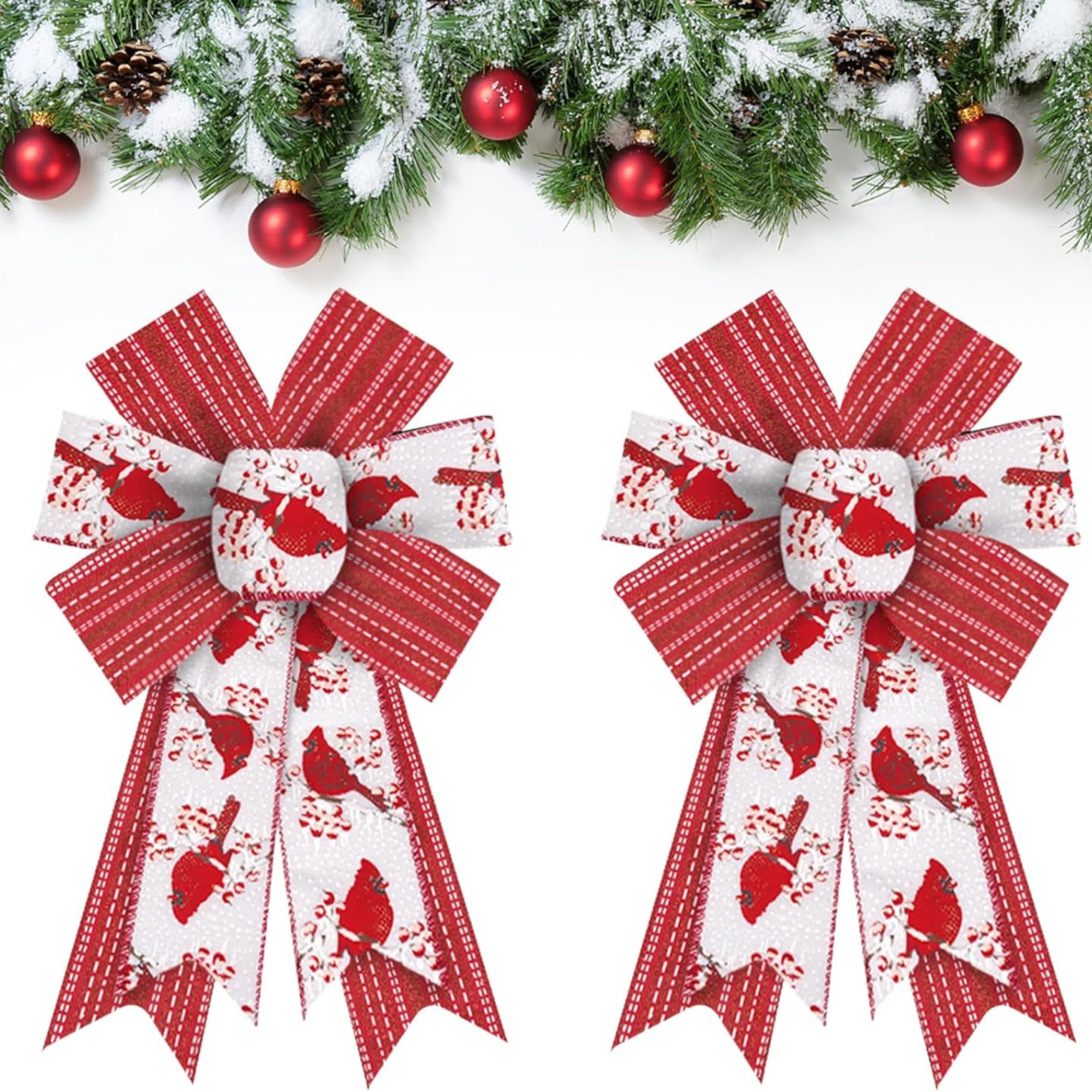 shining white red burlap bows, christmas bows for wreath, bow for front door decor, floral cardinals craft tree topper