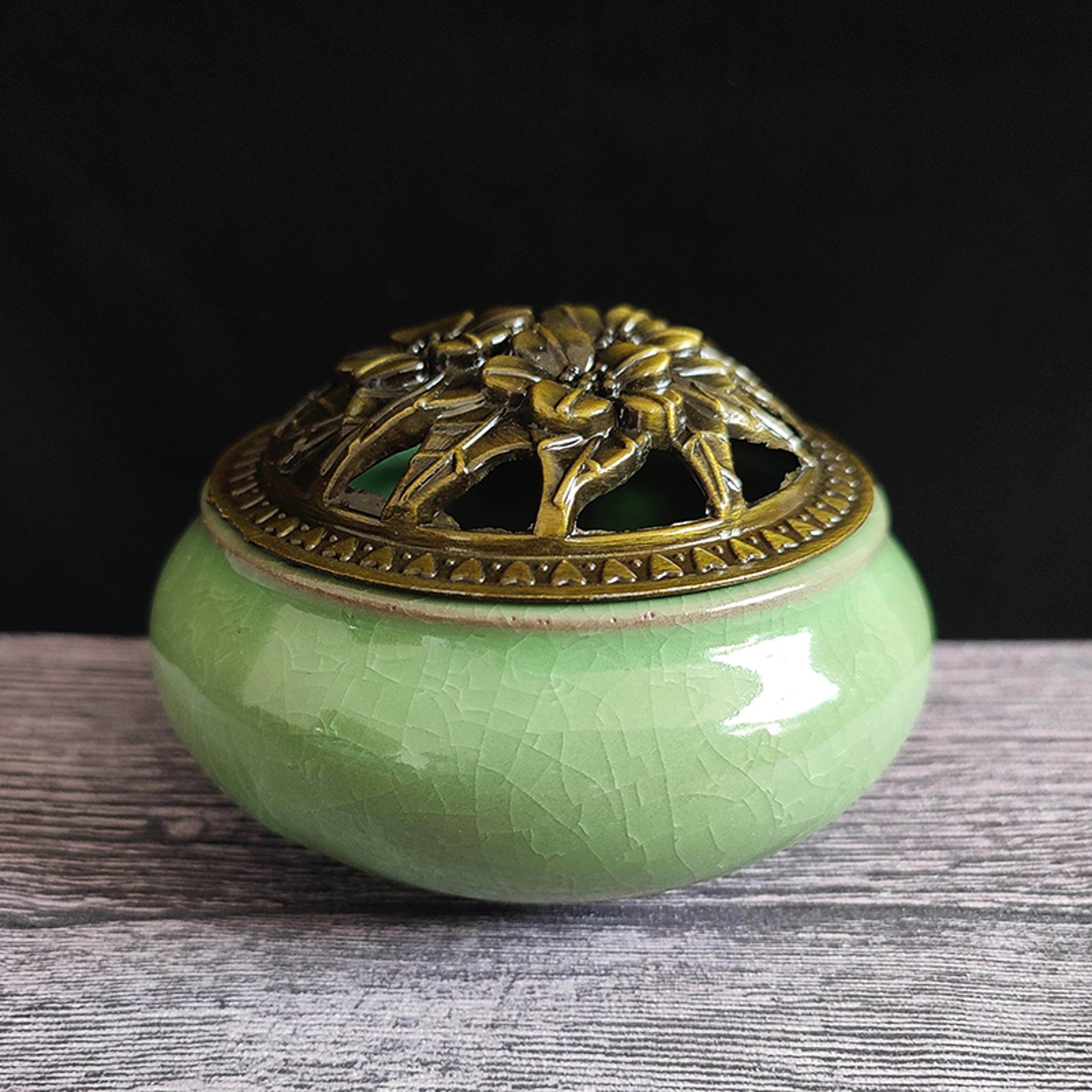 Ceramic Ice Crack Coil Incense Burner Copper Cover Aroma Diffuser Plate Colorful Antique Alloy Home 11