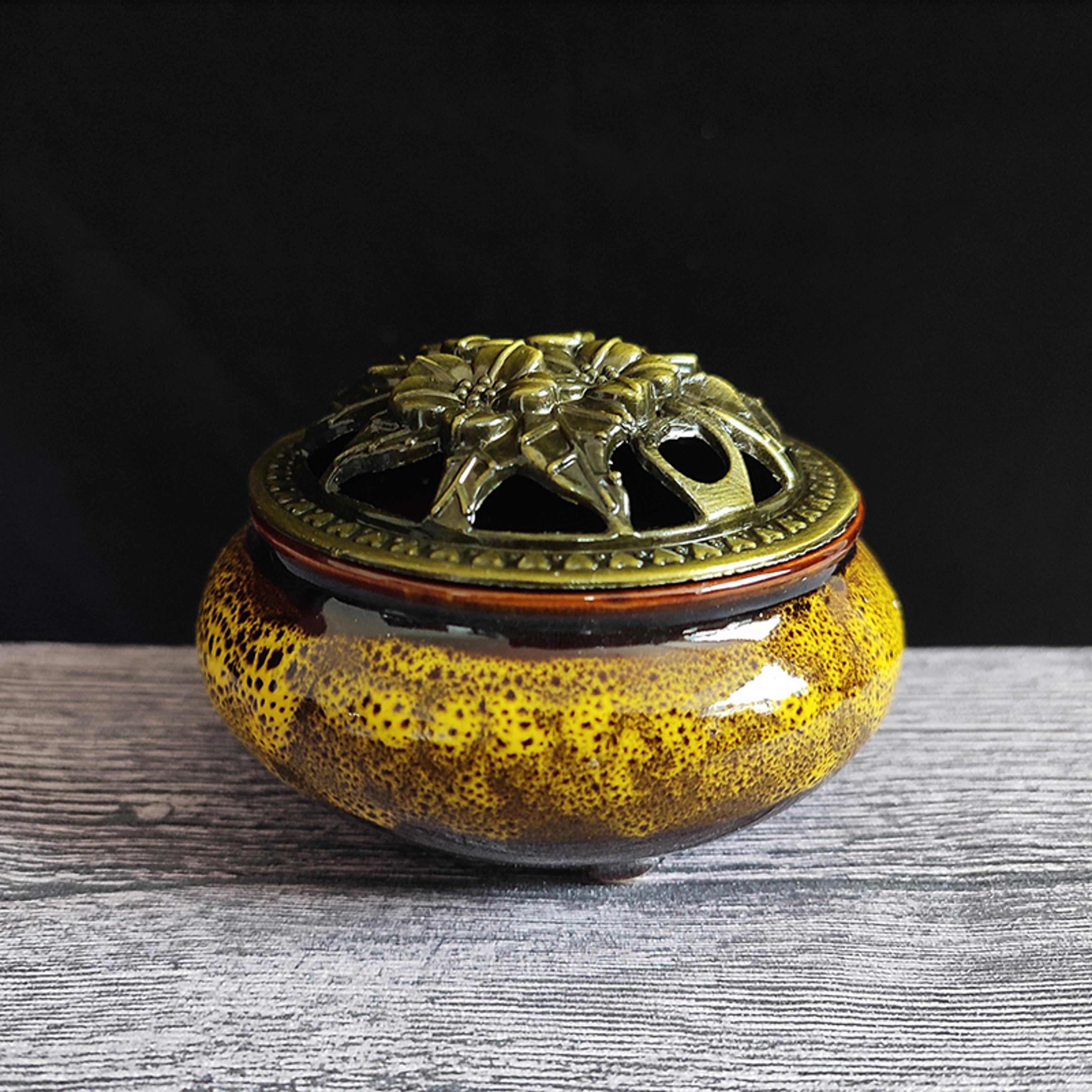 Ceramic Ice Crack Coil Incense Burner Copper Cover Aroma Diffuser Plate Colorful Antique Alloy Home 13