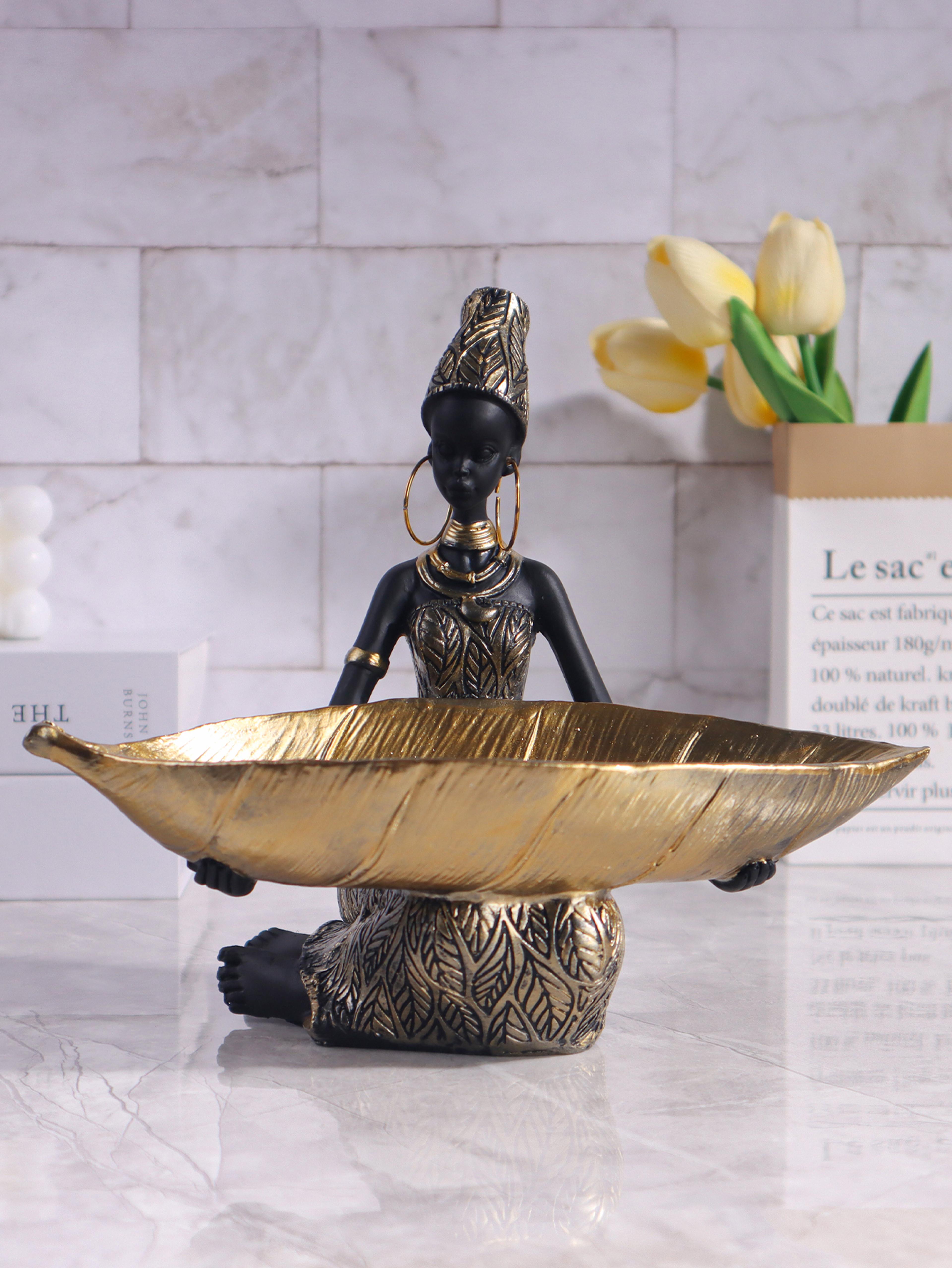 african girl sculpture, vintage collectible, home and office decorative, craft desk decor, holding a plate