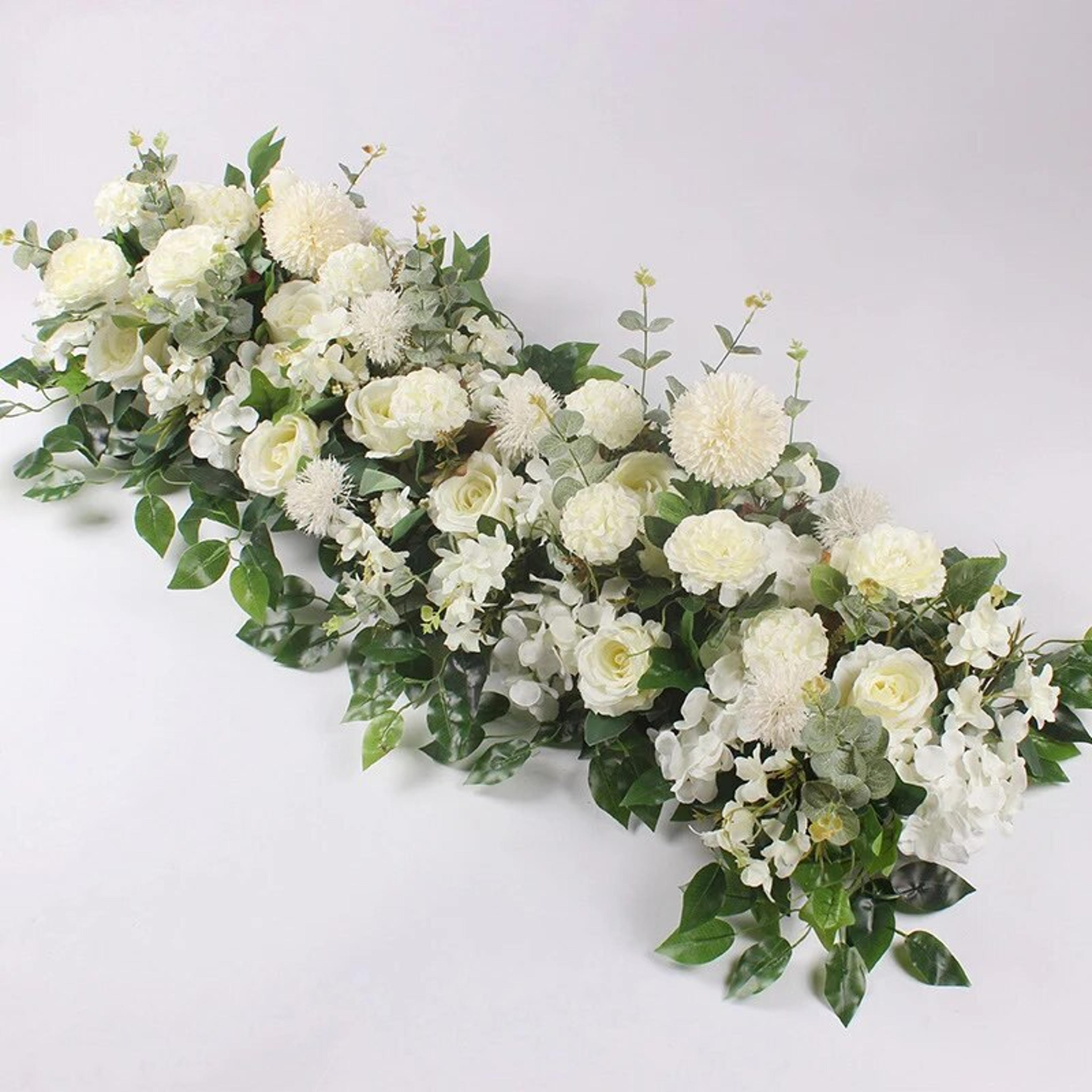 luxury white rose, backdrop, artificial flower, party stage floral, wall arches decor, row wedding table, centerpiece