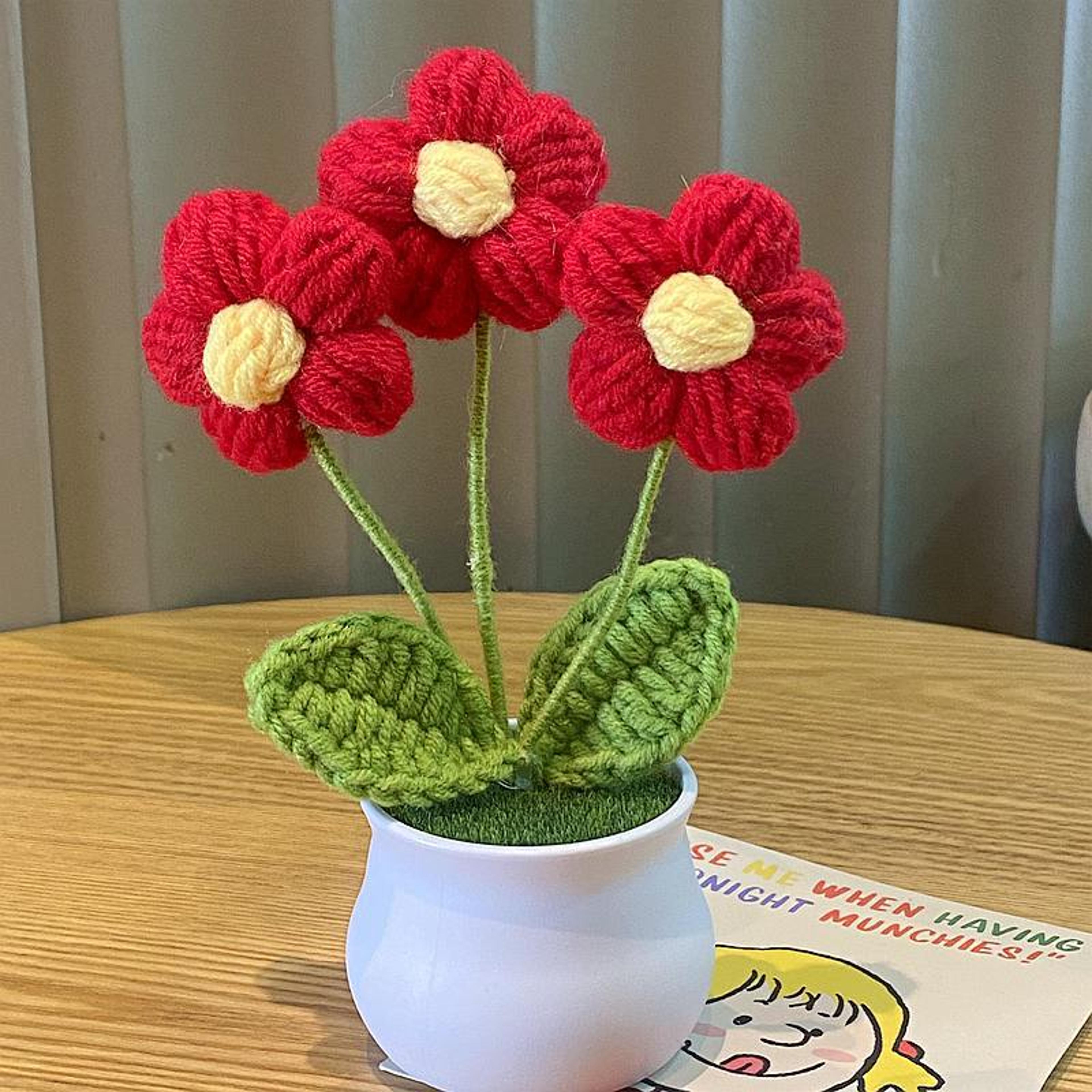 Handwoven Mini Potted Flower Rose Office Desktop Woolen Thread Ornamental Plant For Home Decor 23