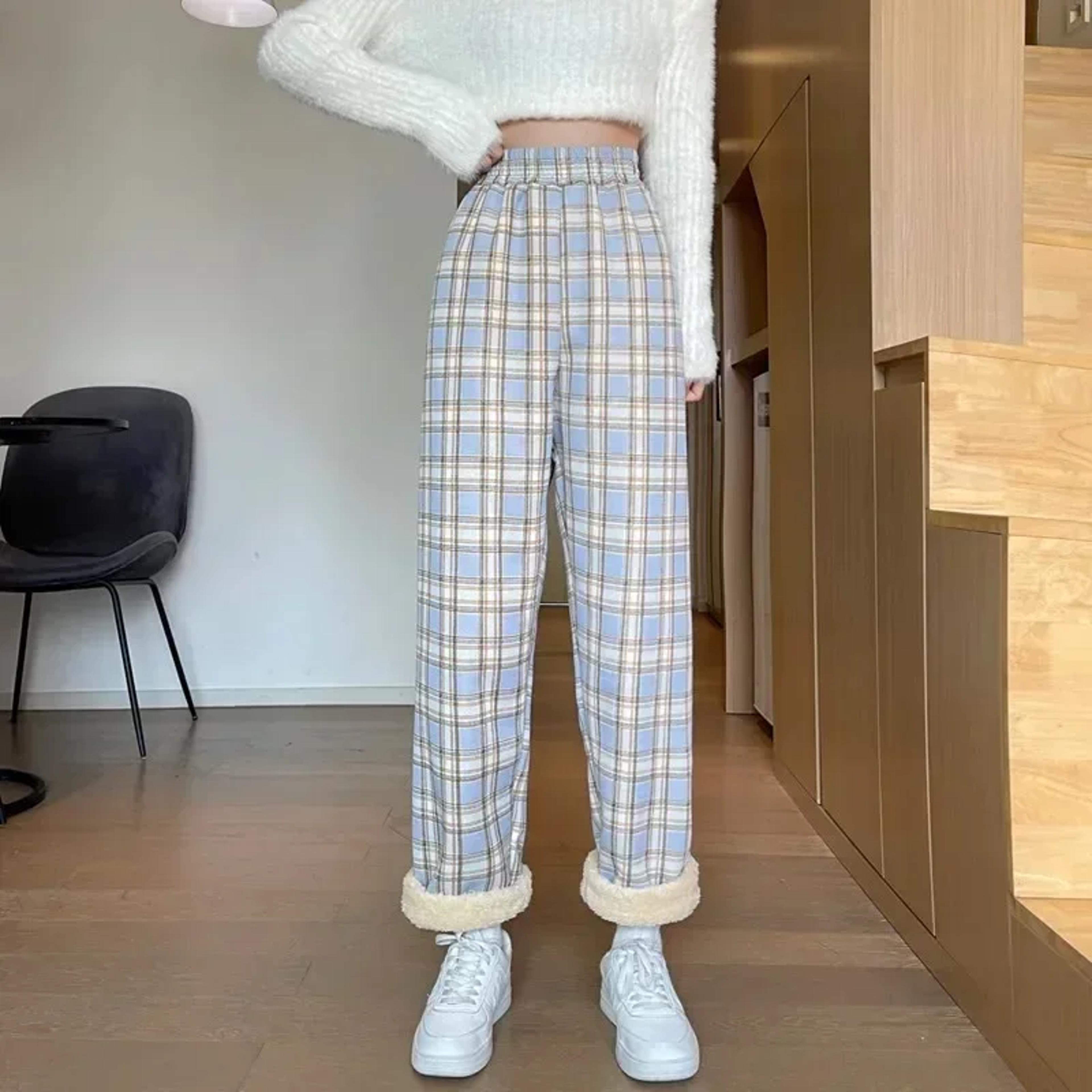 Fashion Warm Plush Pants Cashmere Thick Plaid Ladies Winter Casual Loose Widelegged Pants For Stree 4