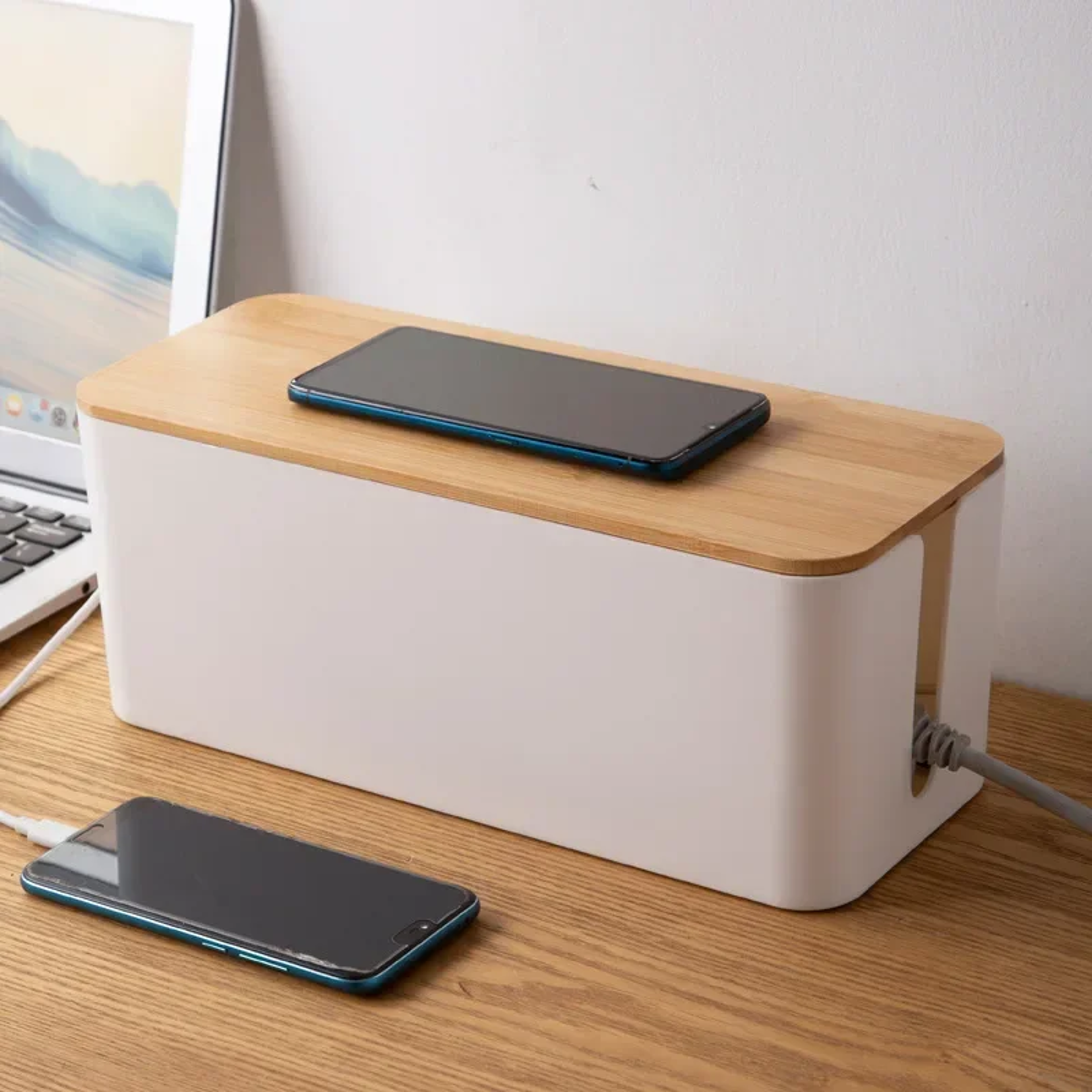 Cable Storage Box Wooden Power Strip Case Wire Management Organizer Anti Dust Charger Socket Storag