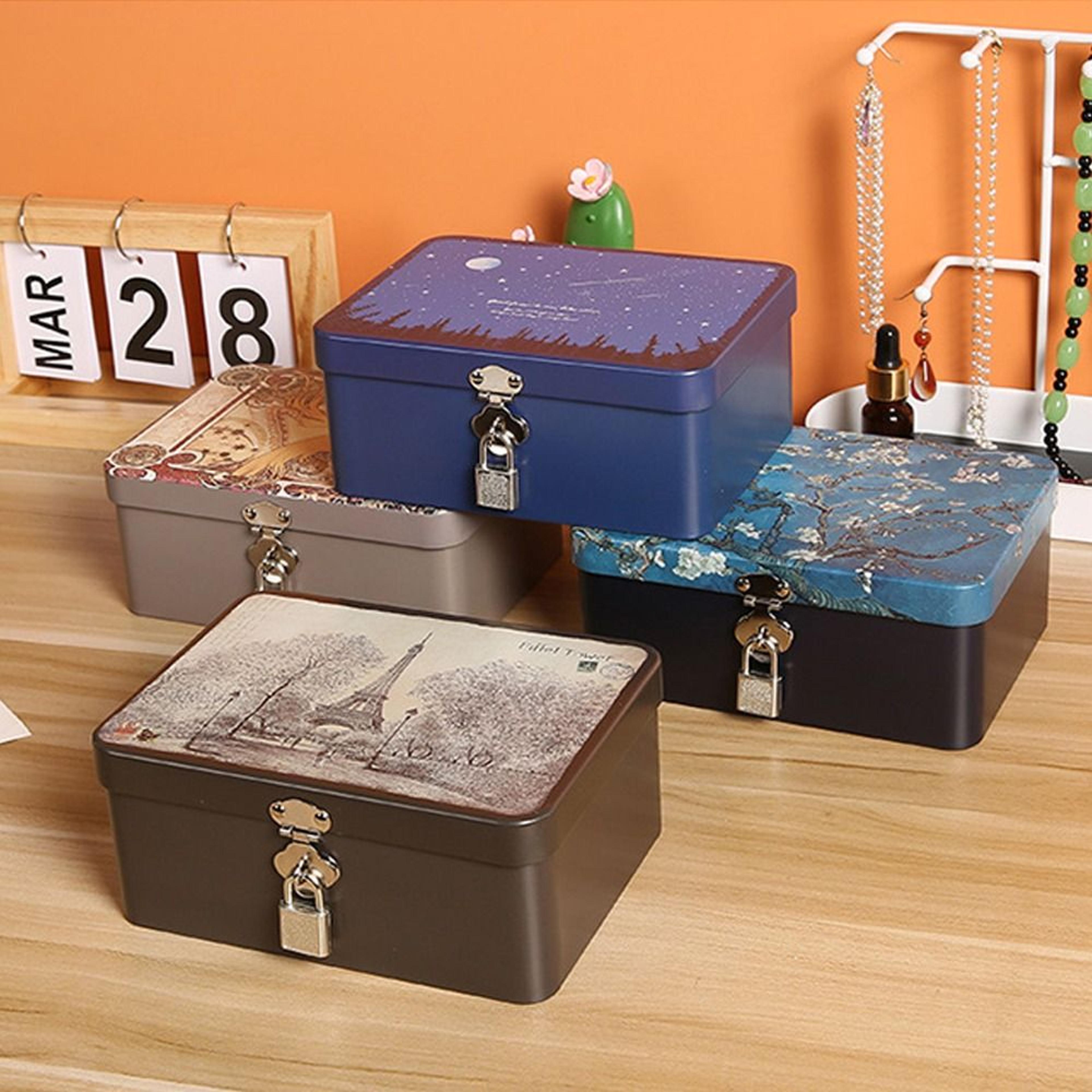 vintage large capacity tinplate box with lock key, desktop storage case, metal jewelry box, empty storage box