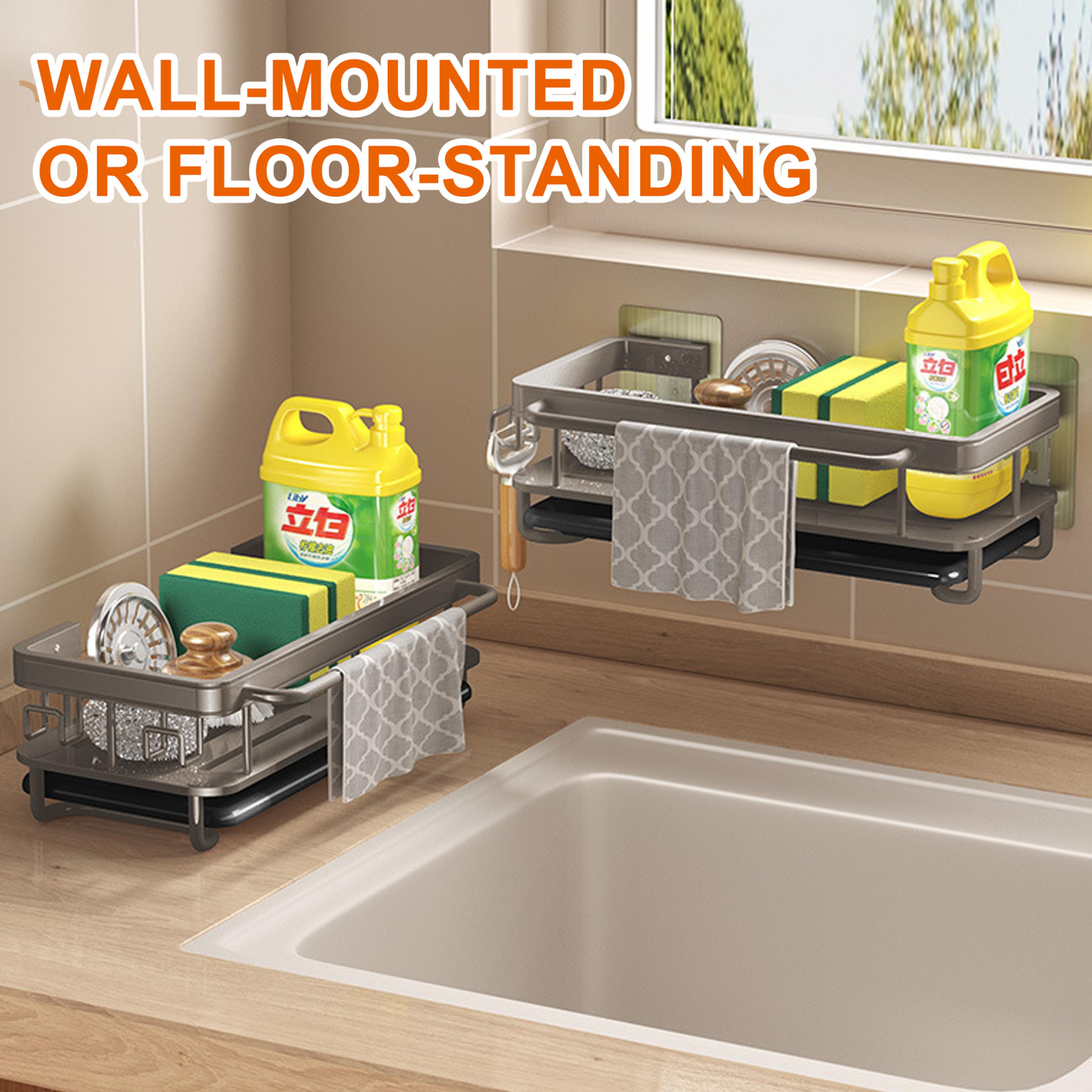 Kitchen Sink Drain Rack With Tray Aluminum Sink Shelf Soap Sponge Holder Dishcloth Towel Rack Filte 4