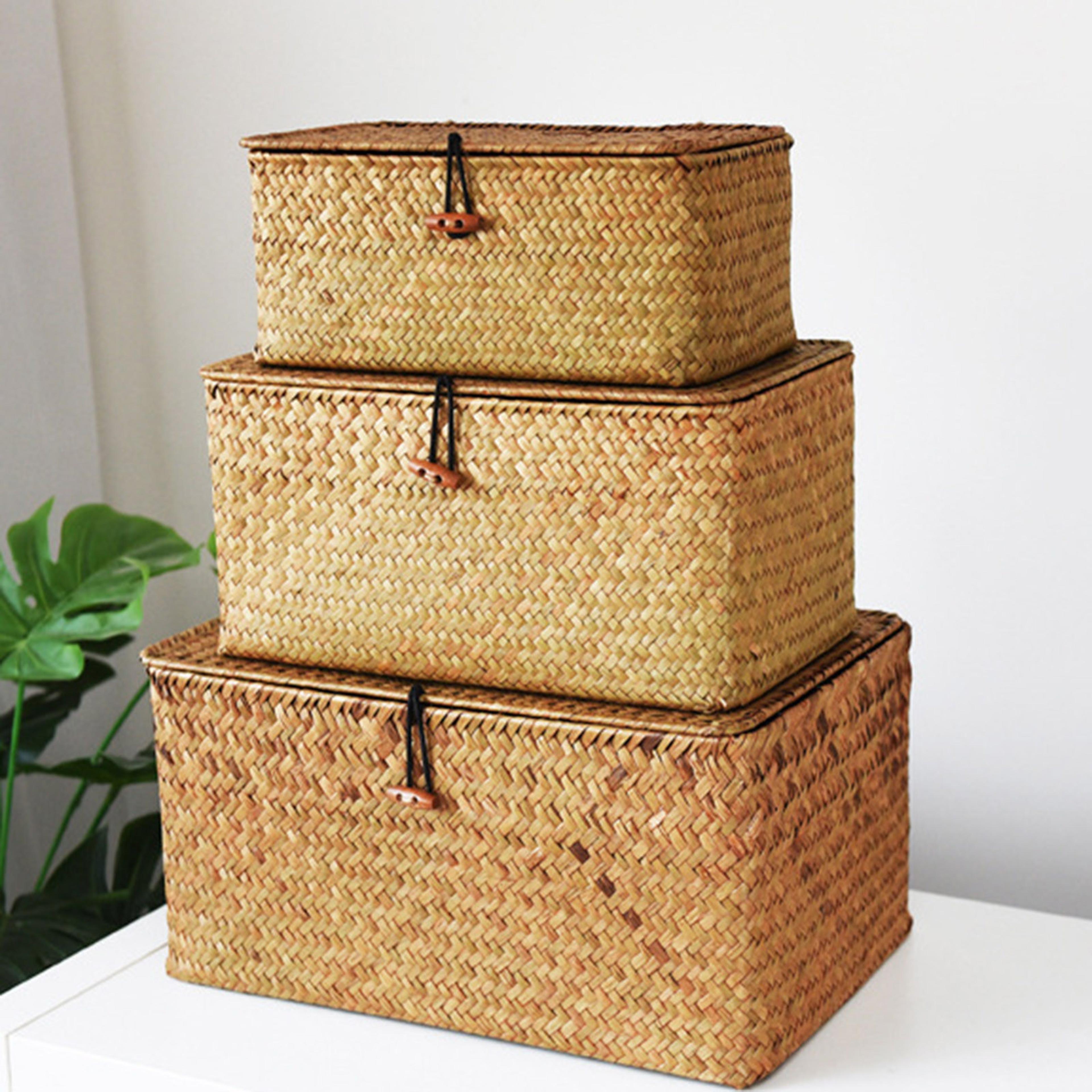 Handmade Wicker Woven Storage Box With Lid Rattan Finishing Basket For Laundry Towels Cosmetics Sun 0