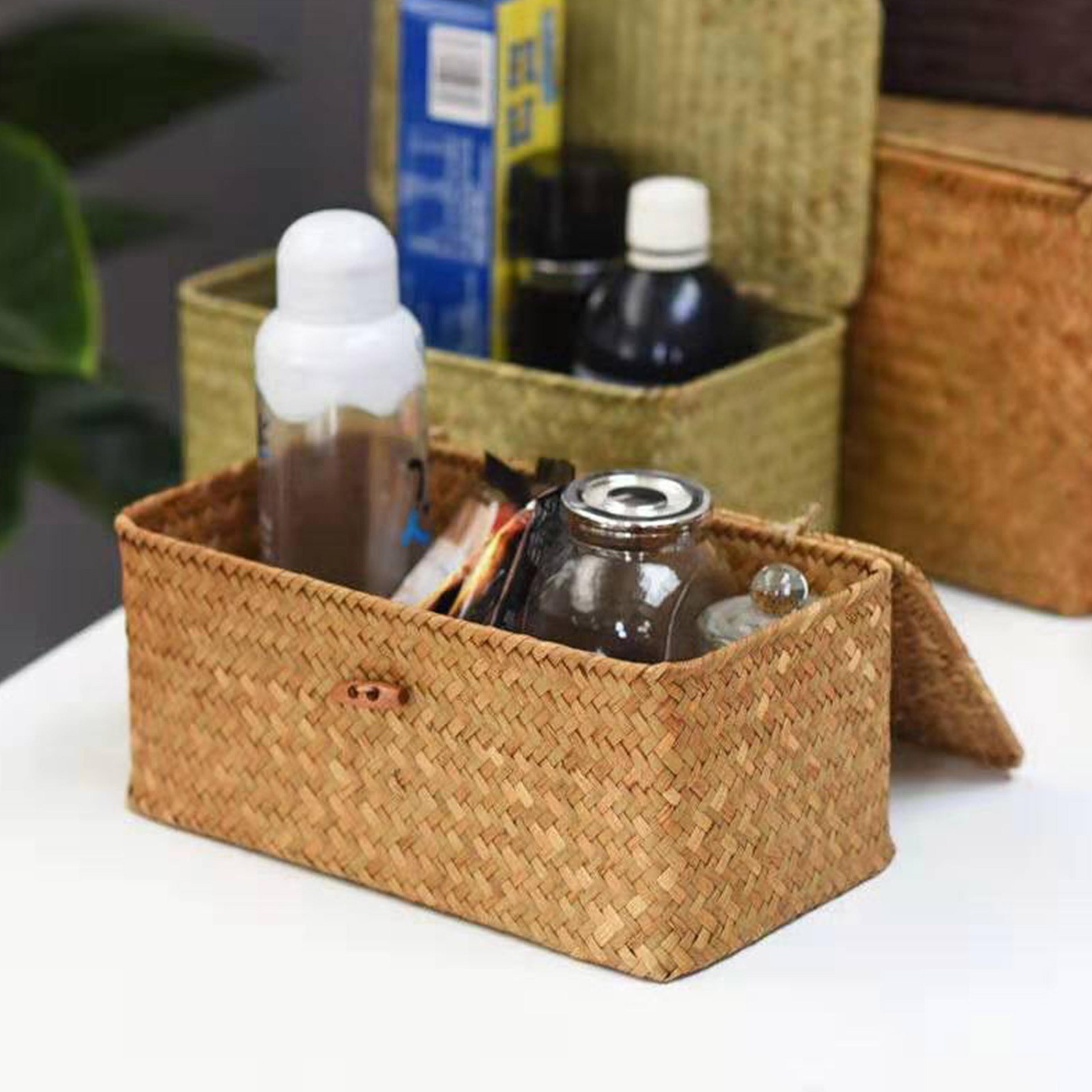 Handmade Wicker Woven Storage Box With Lid Rattan Storage Basket Sundry Bath Cosmetic Towel Contain