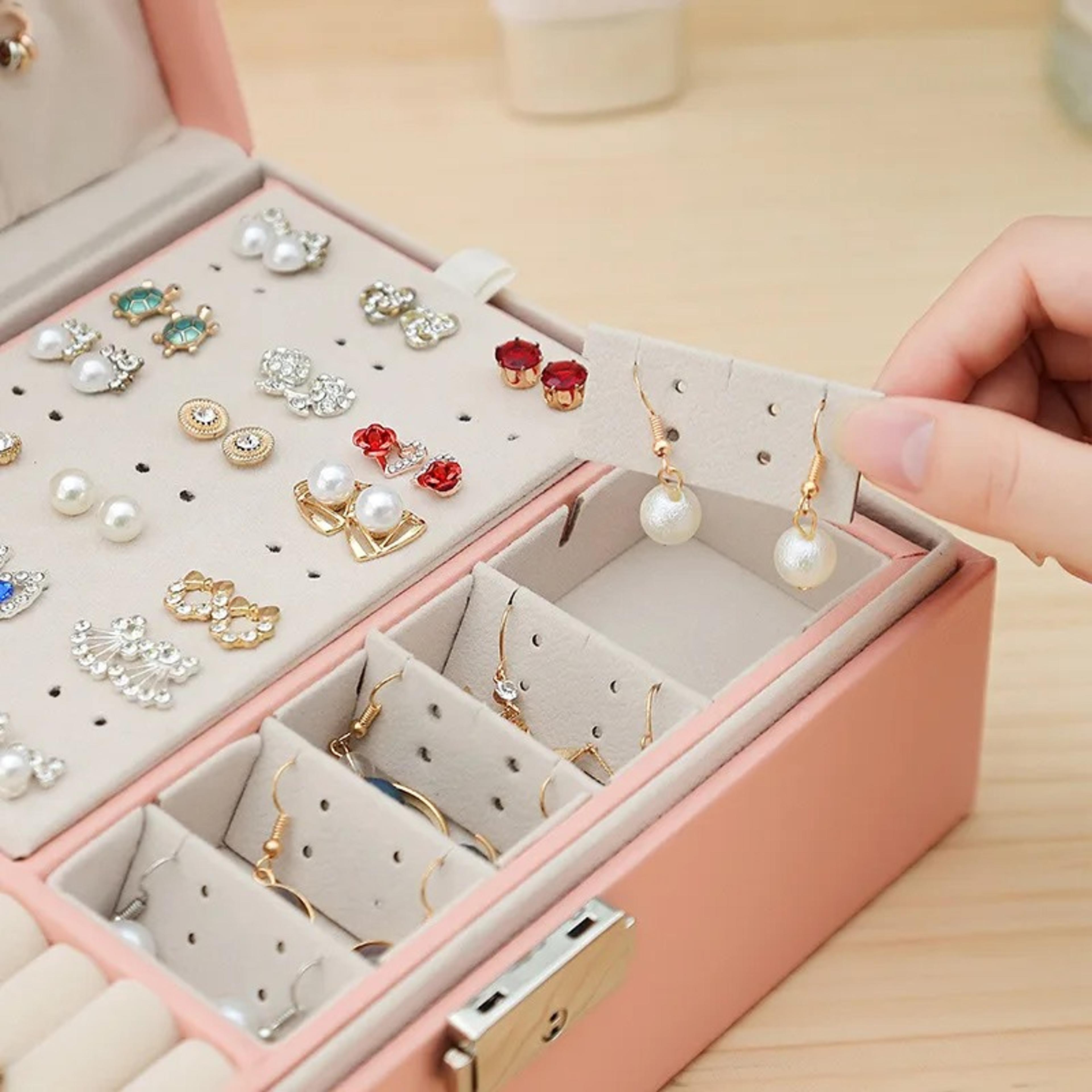 Doublelayer Jewelry Box With Locks PU Leather Jewelry Storage Organizer Ring Box And Makeup Case Fo 4